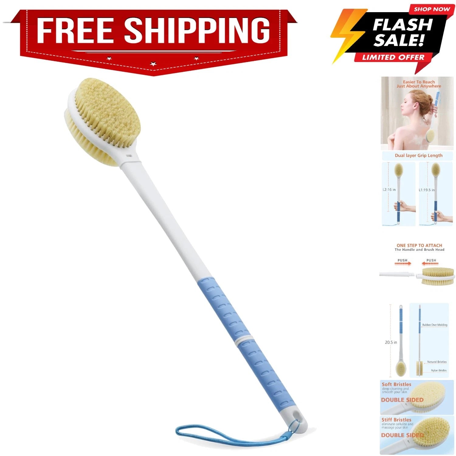 Shower Brush with Soft and Stiff Bristles,20.5" Extra Long Handle Dual-Sided ...
