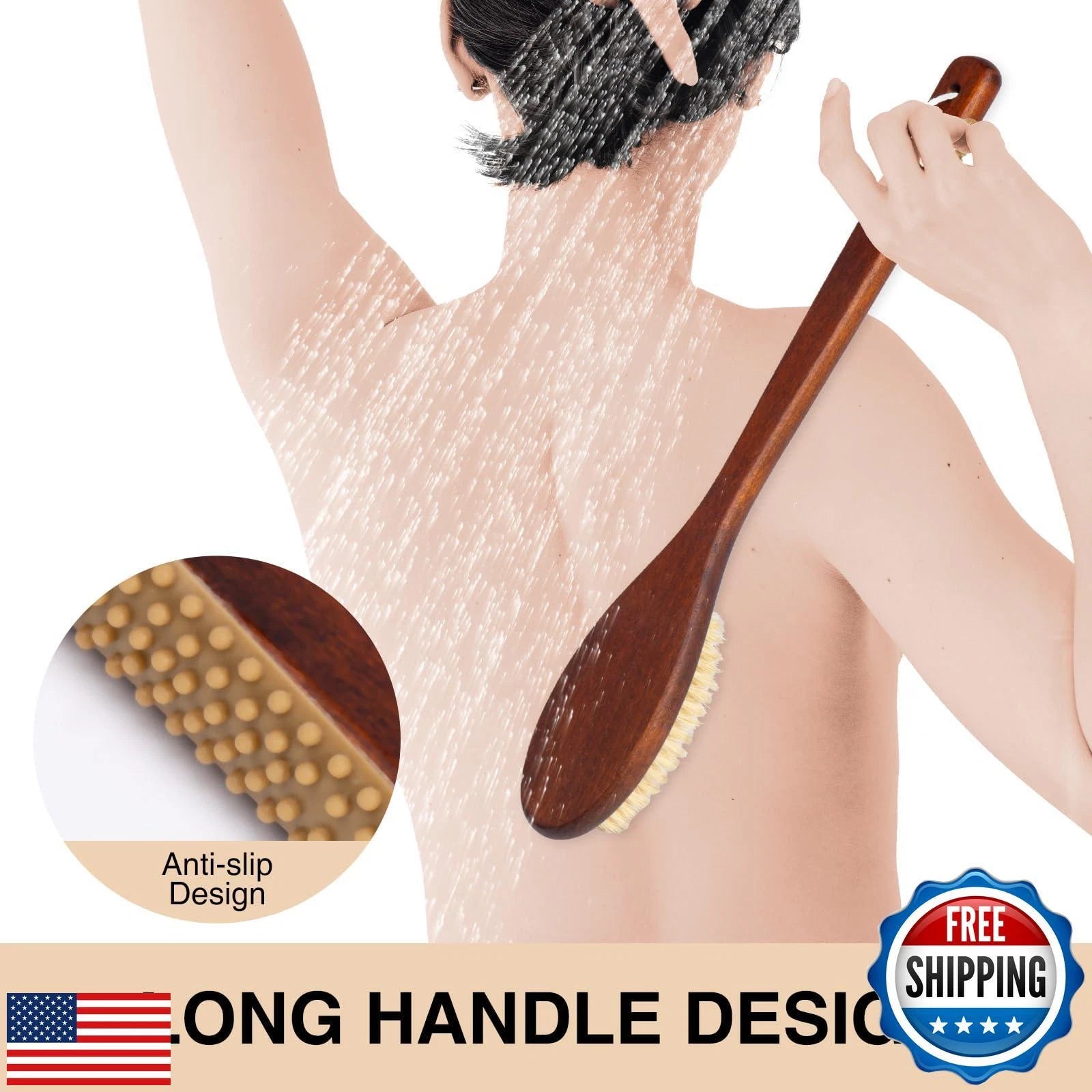 Wooden Bath Brush with Stiff Sisal Bristles Long Handle for Shower Back Scrub
