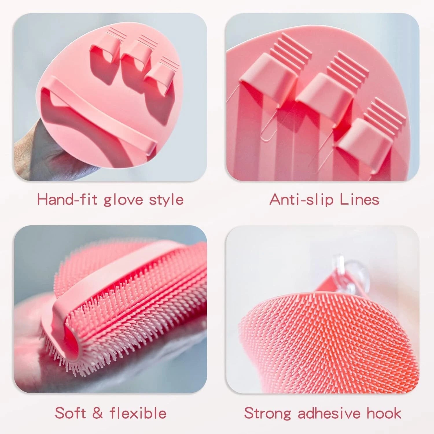 Silicone Back Scrubber (Thick Bristles) & Bath Glove & Face Brush Set(3Pcs), Sup