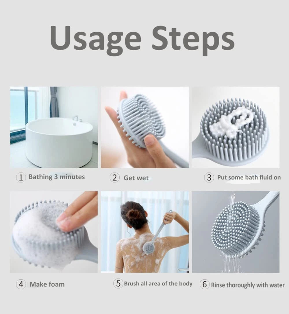 Silicone Back Scrubber Long Handle Soft Bristles Bath Brush With Massage Beads B