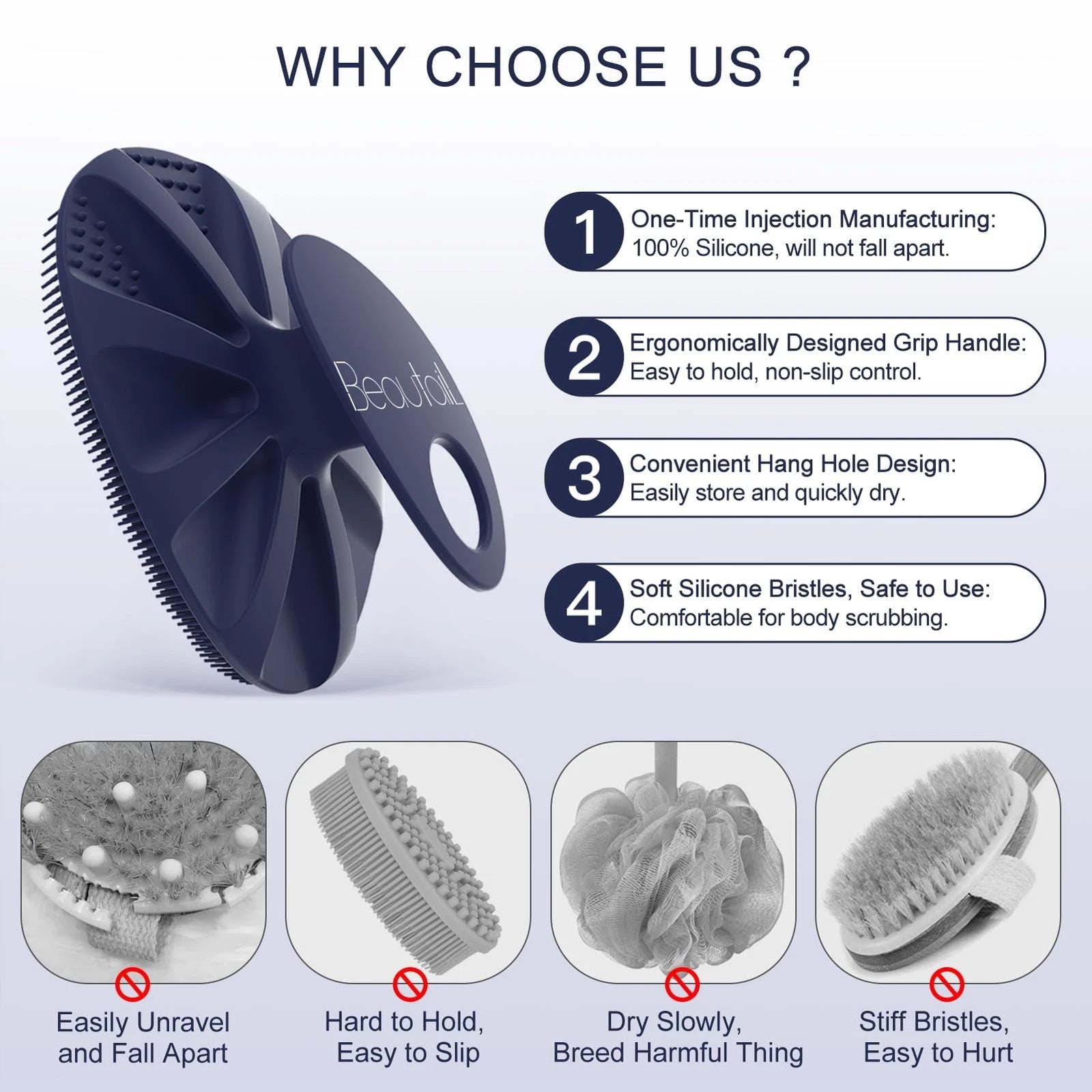 Silicone Body Scrubber Shower Bath Wash Brush Gentle Exfoliating Scrub Cleans...