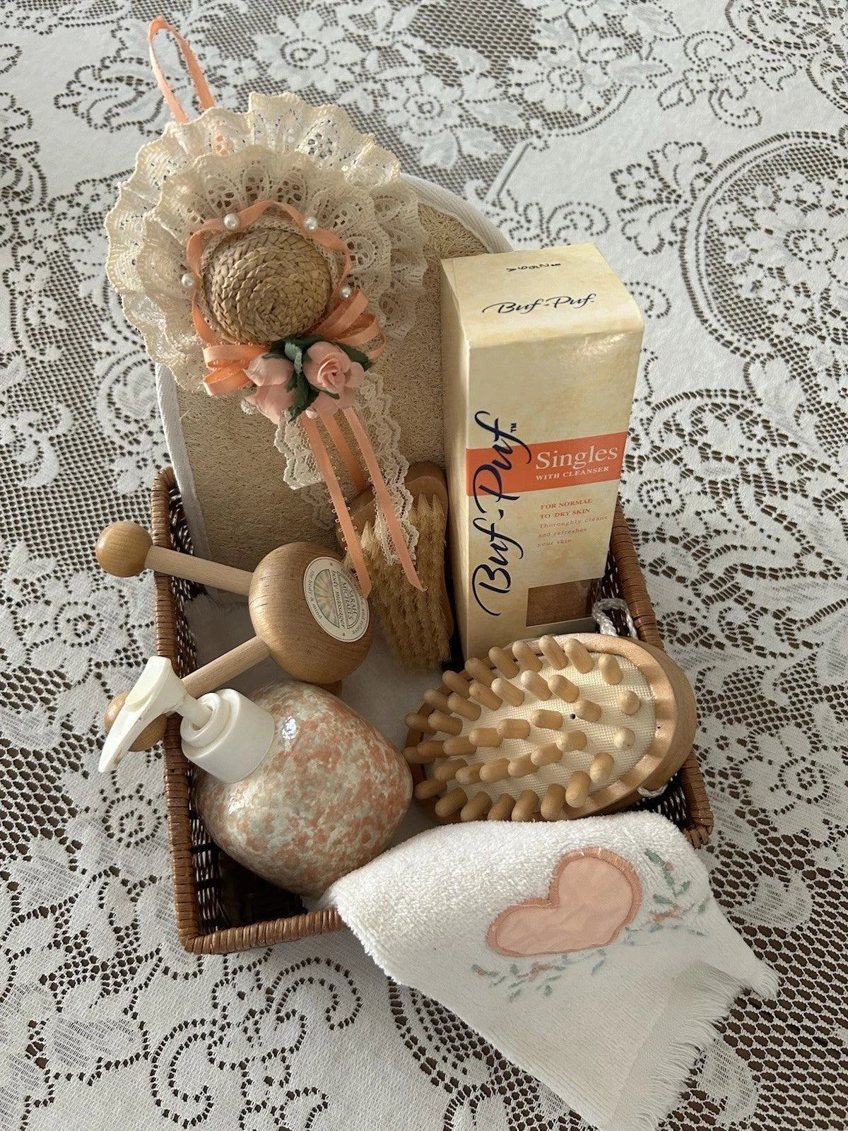 Basket Of Health & Beauty Items.  Brushes, Massage Tools, Lufa Sponge & Mitten