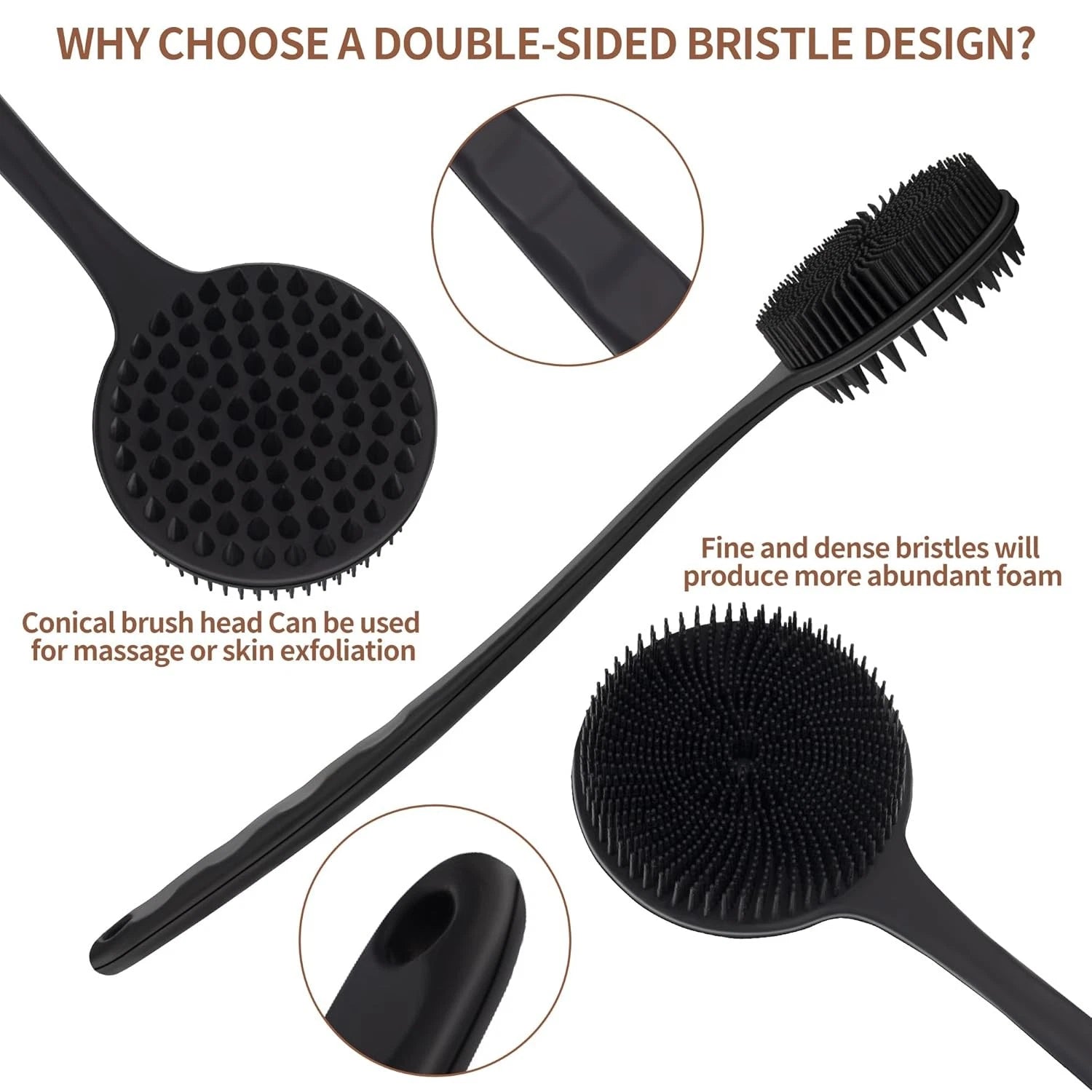 Women Back Massage Exfoliating Body for Silicone Shower Scrubber with Long Handl