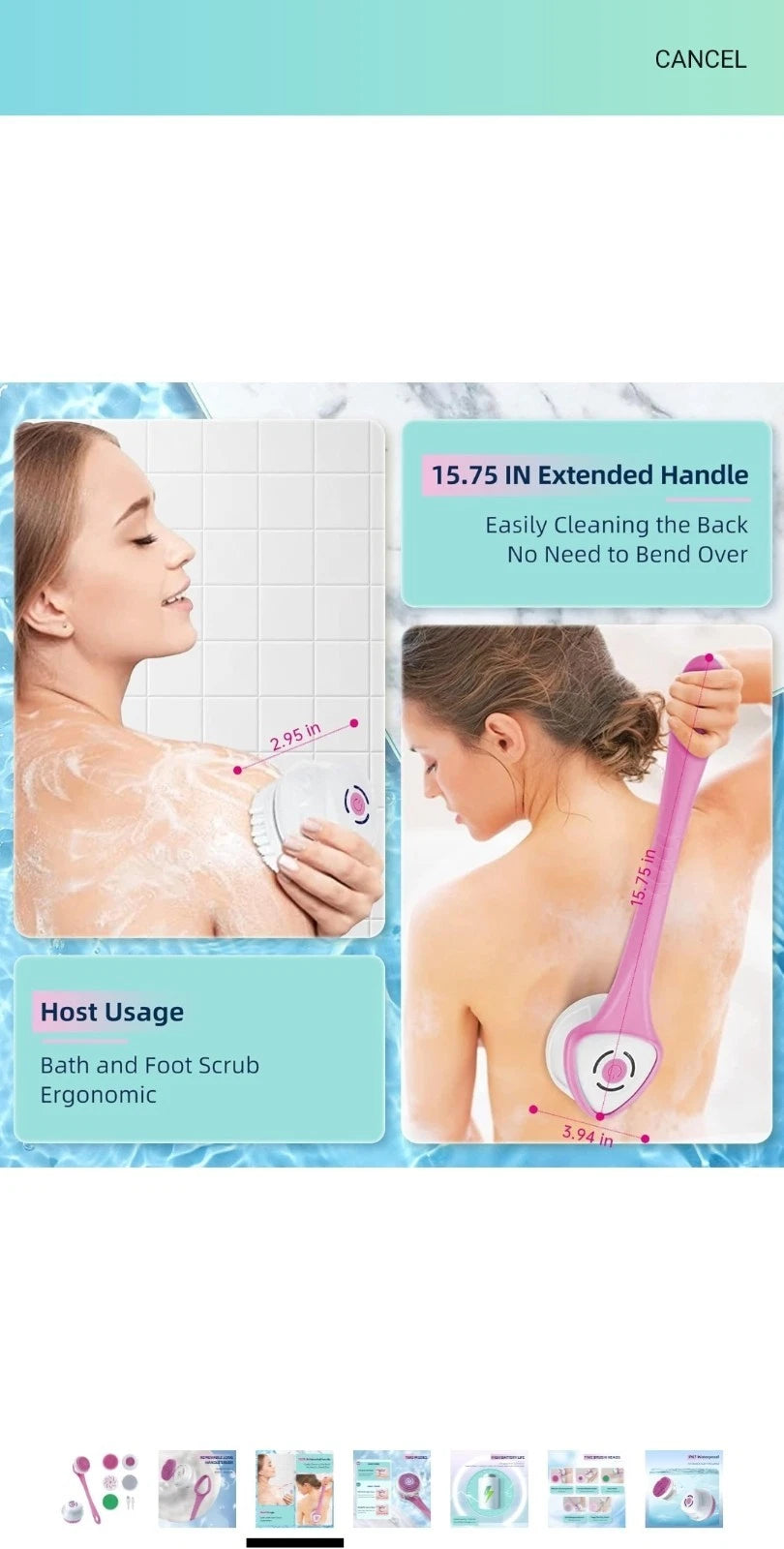 Shower Back Scrubber with Five Body Brush Head, Rechargeable ; Detachable Long