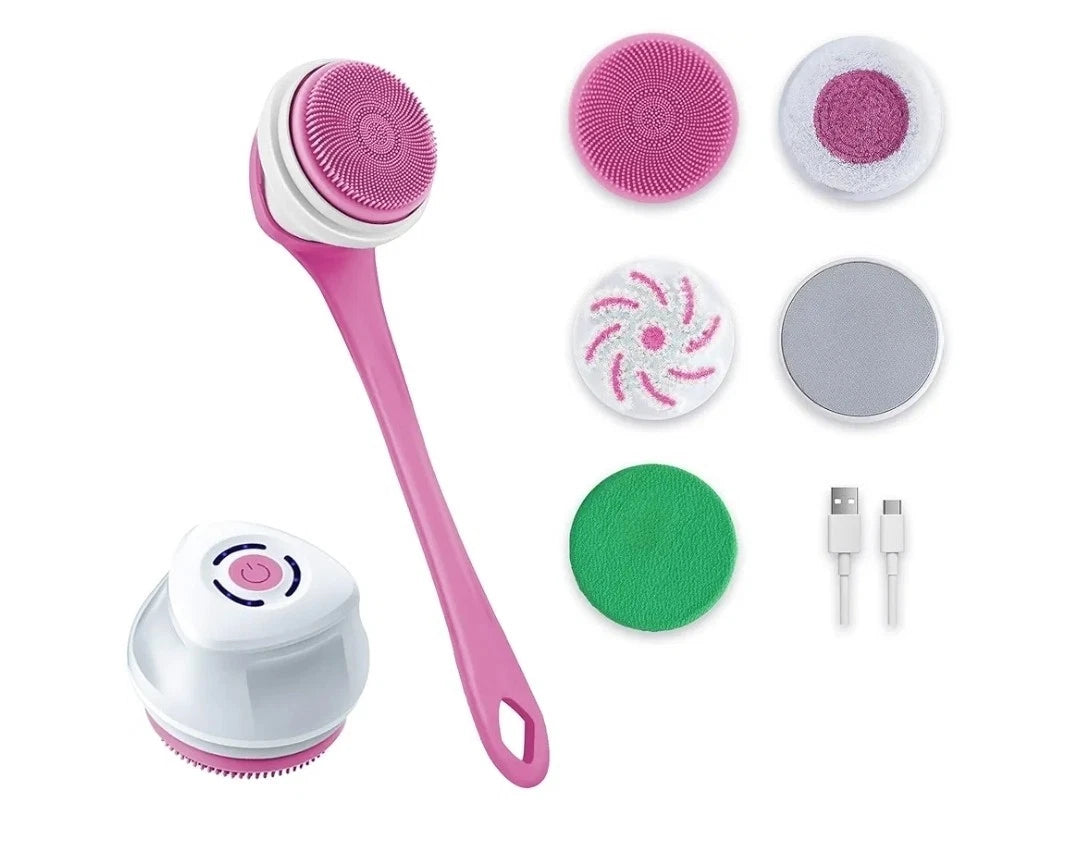 Shower Back Scrubber with Five Body Brush Head, Rechargeable ; Detachable Long
