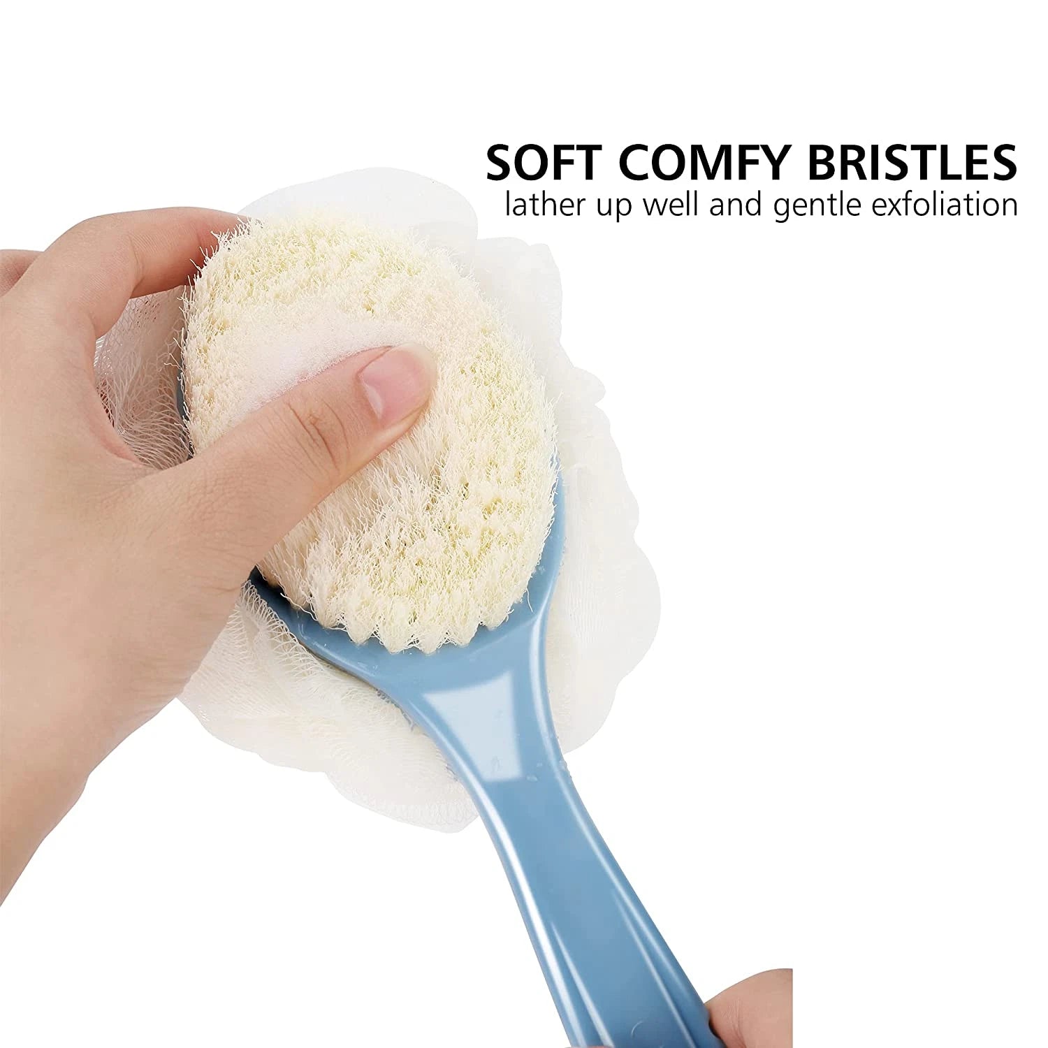 Shower Body Brush with Bristles and Loofah,Back Scrubber Bath Mesh Sponge with C