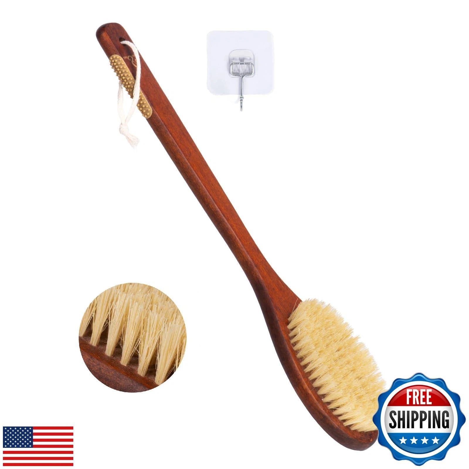 Wooden Bath Brush with Stiff Sisal Bristles Long Handle for Shower Back Scrub