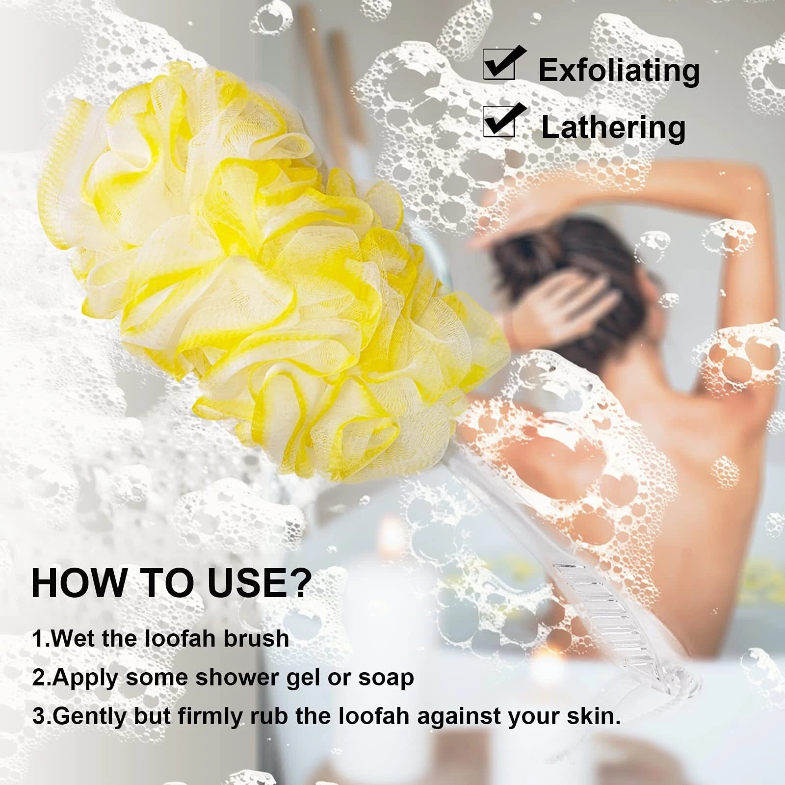 PPHAO - Back Bath Brush - Long Handle Shower Scrubber - Yellow Loofah Exfolia...