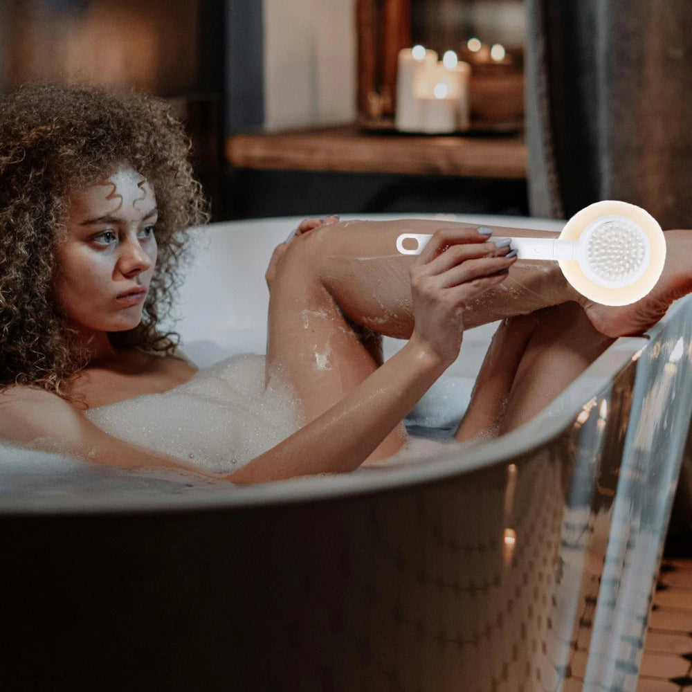 Plastic Exfoliating Bath Brush Beige Scrubber with Long Handle 28 cm