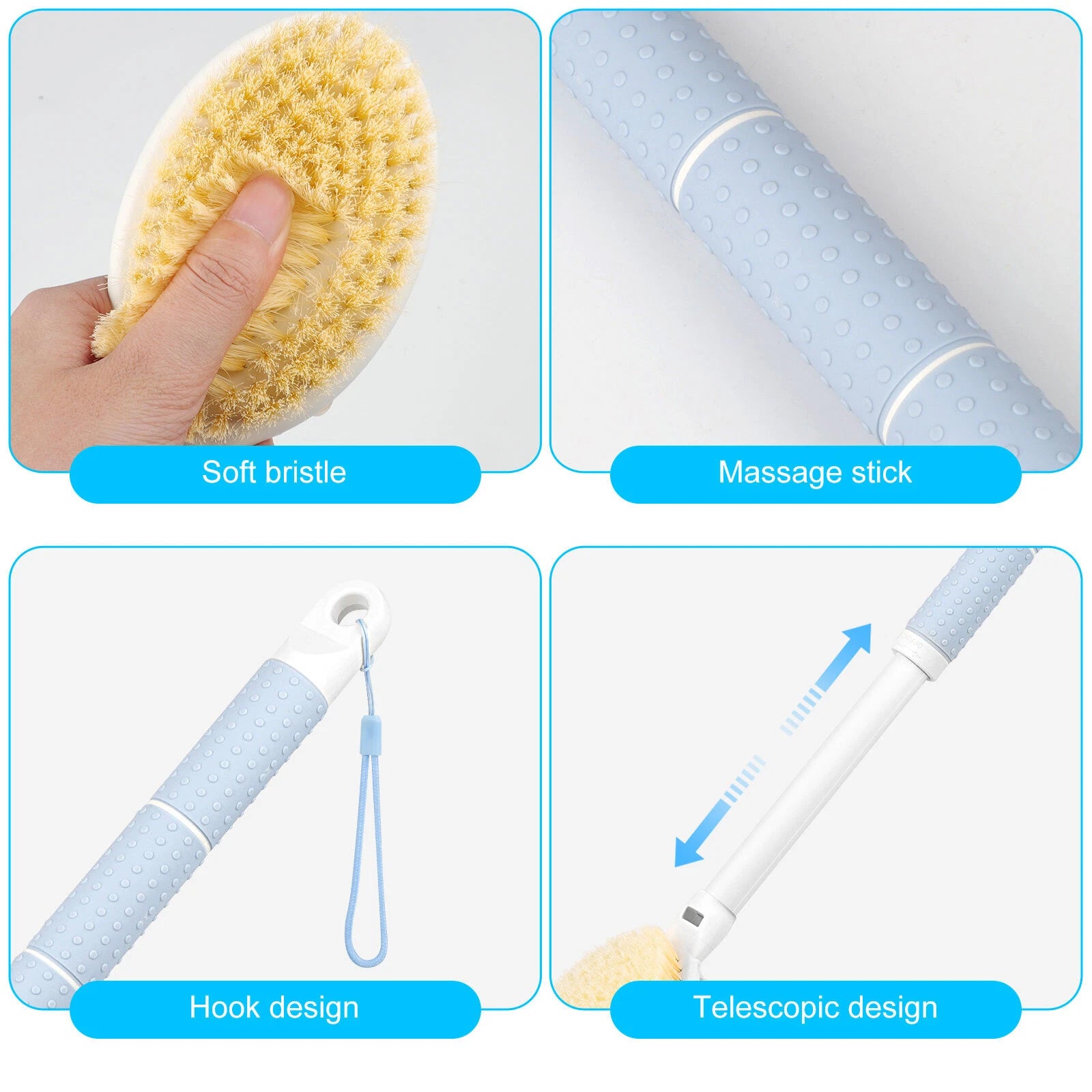 Telescopic Dual-Sided Back Scrubber w/ Long Handle Dual-Sided Bristles for Bath
