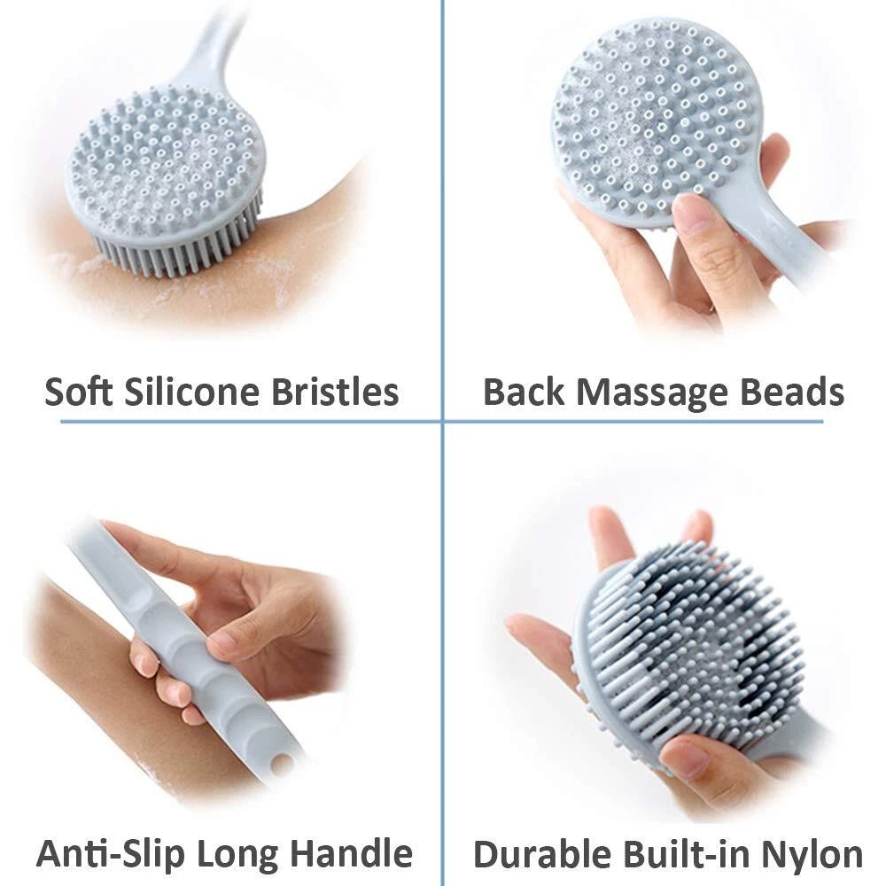 Silicone Back Scrubber Long Handle Soft Bristles Bath Brush With Massage Beads B