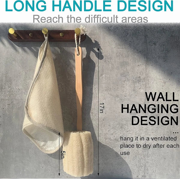 Natural Exfoliating Loofah Luffa Loofa Bath Brush on a Stick - with Long Wooden