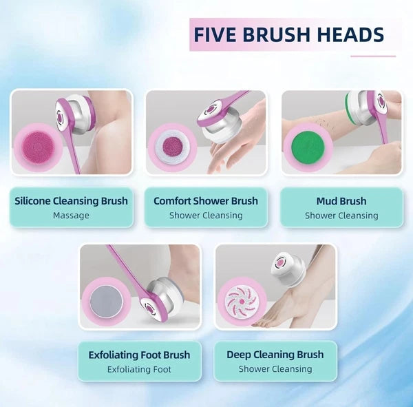 Shower Back Scrubber with Five Body Brush Head, Rechargeable ; Detachable Long