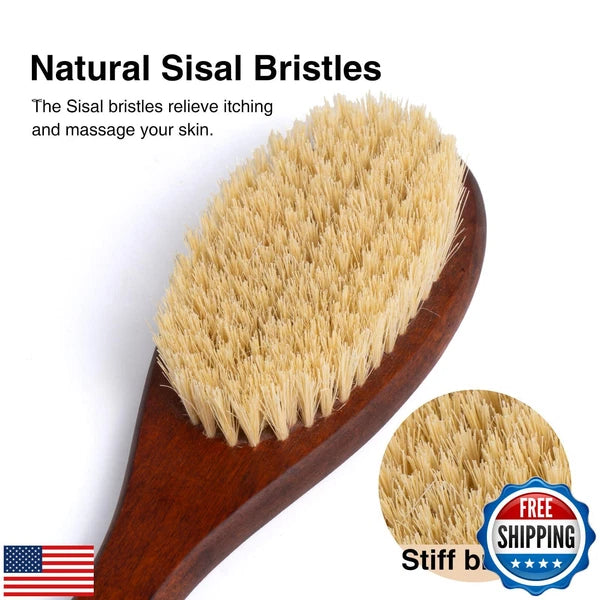 Wooden Bath Brush with Stiff Sisal Bristles Long Handle for Shower Back Scrub