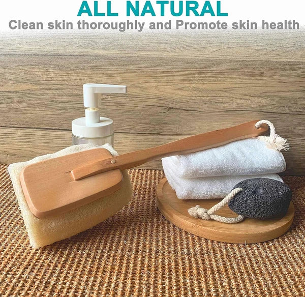 Natural Exfoliating Loofah Luffa Loofa Bath Brush on a Stick - with Long Wooden