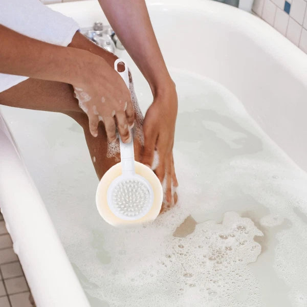 Plastic Exfoliating Bath Brush Beige Scrubber with Long Handle 28 cm