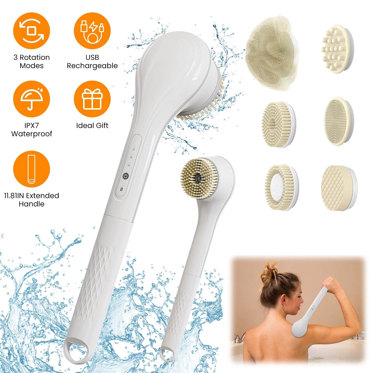 Electric Body Brush Sponge Brush Shower Back Scrubber Long Handle Waterproof