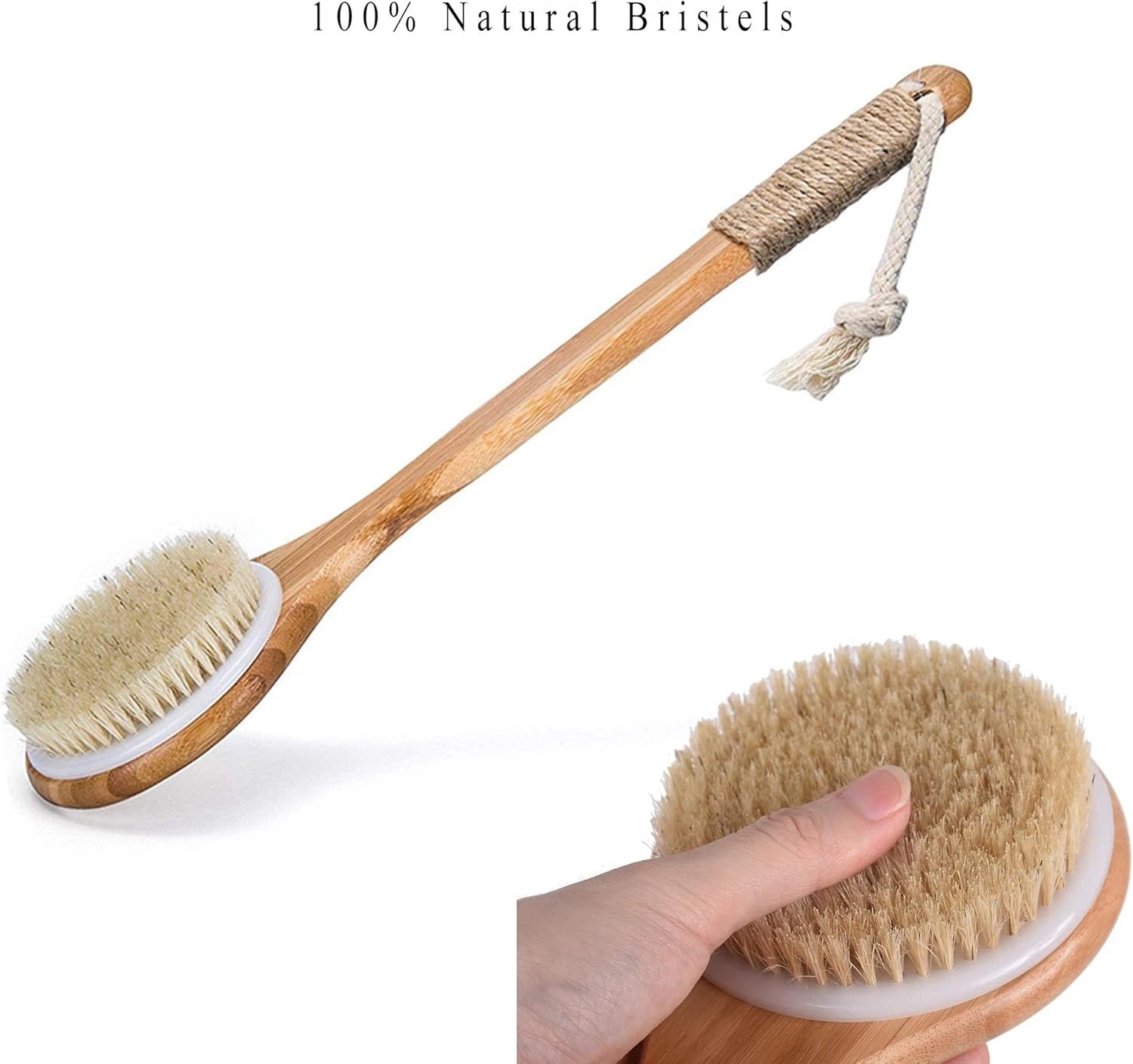 Chikoni Dry Bath Body Brush Back Scrubber with Anti-Slip Long Wooden Handle, Nat