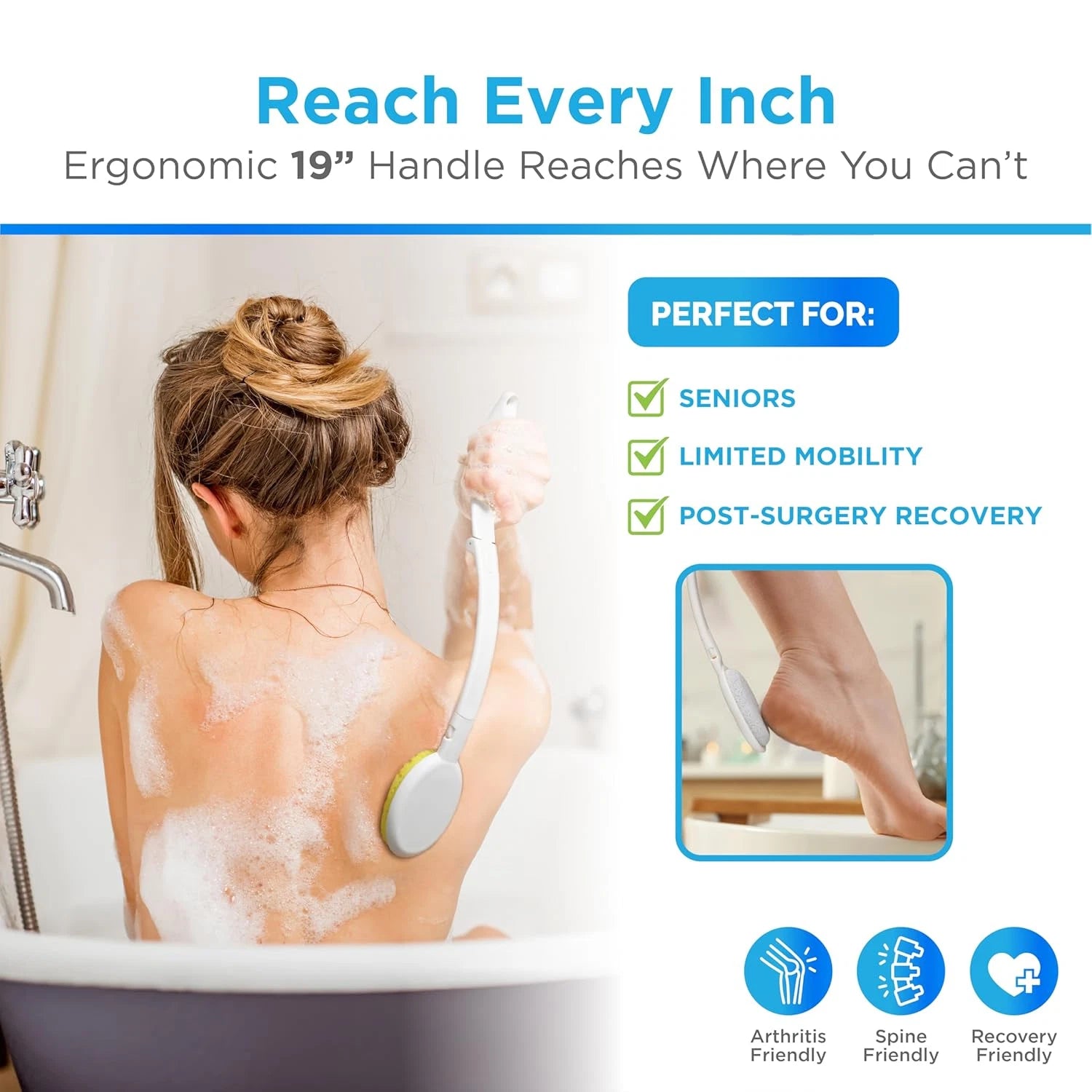3-In-1 Long Handle Shower Brush Set – 19" Foldable Back Scrubber with Soft Brush