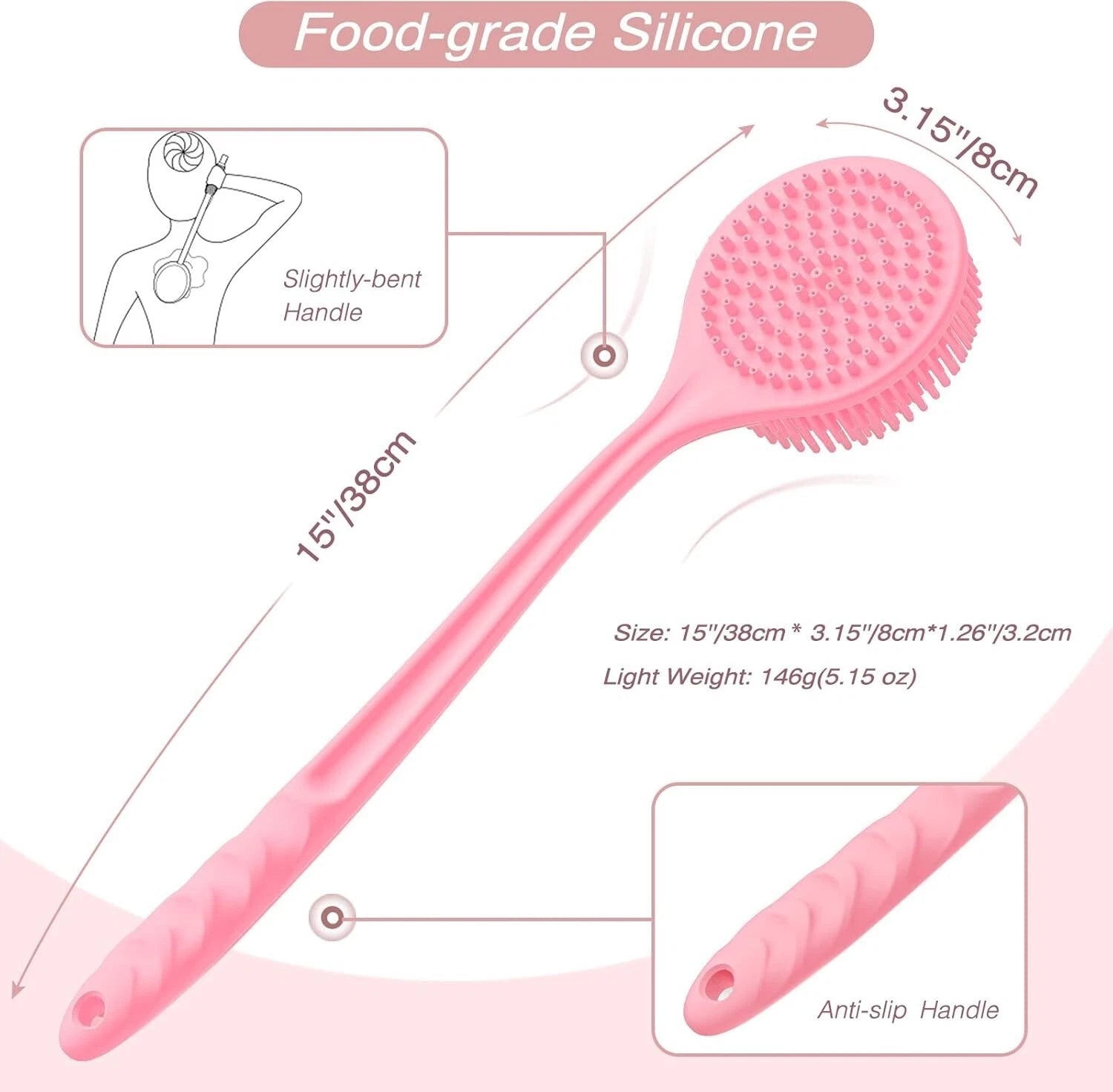 Silicone Back Scrubber (Thick Bristles) & Bath Glove & Face Brush Set(3Pcs), Sup