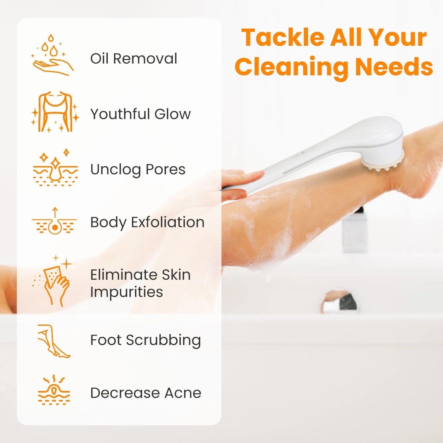 Electric Body Brush Sponge Brush Shower Back Scrubber Long Handle Waterproof