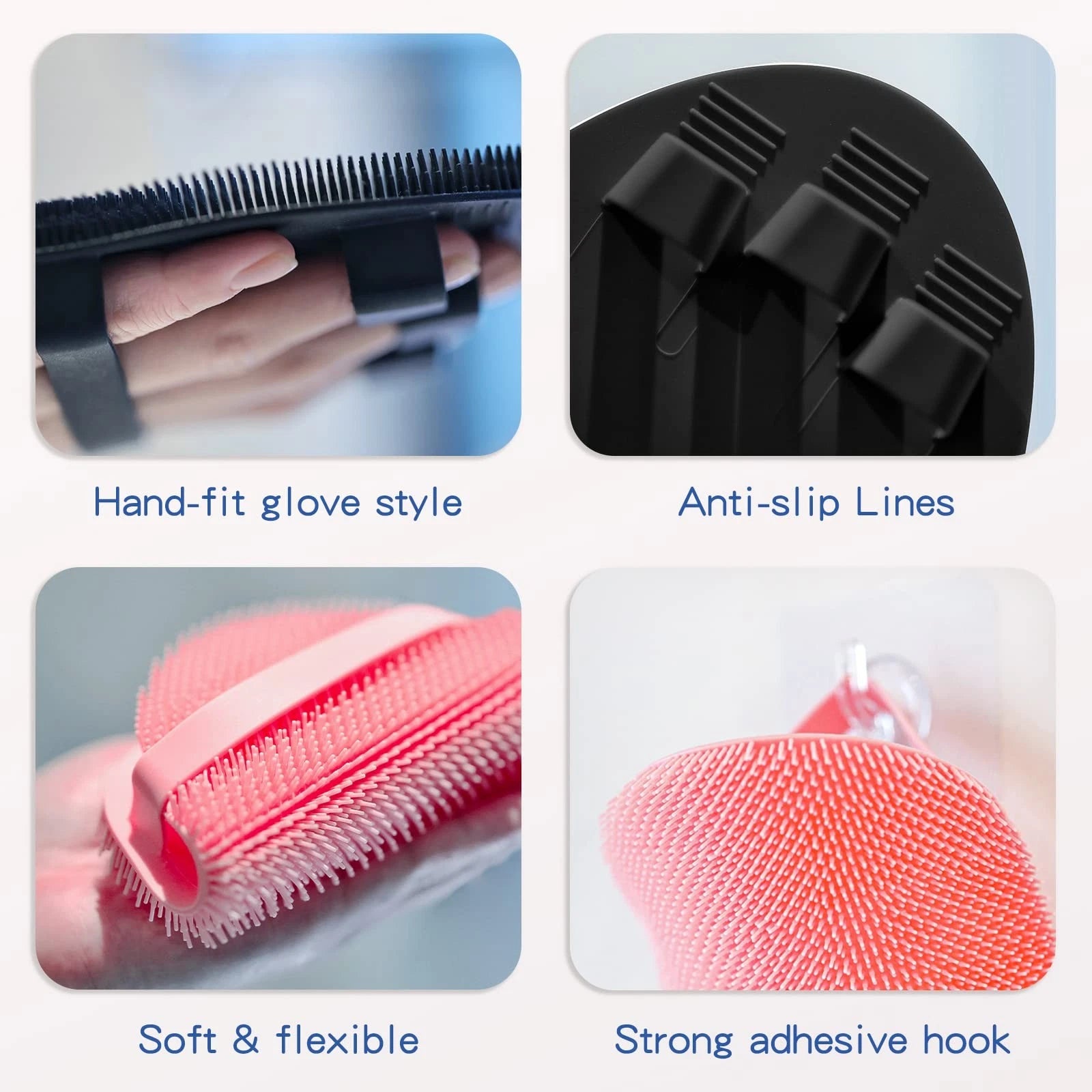 Silicone Back Scrubber(Thick Bristles) & Soft Bath Glove Set, Super-Exfoliati...