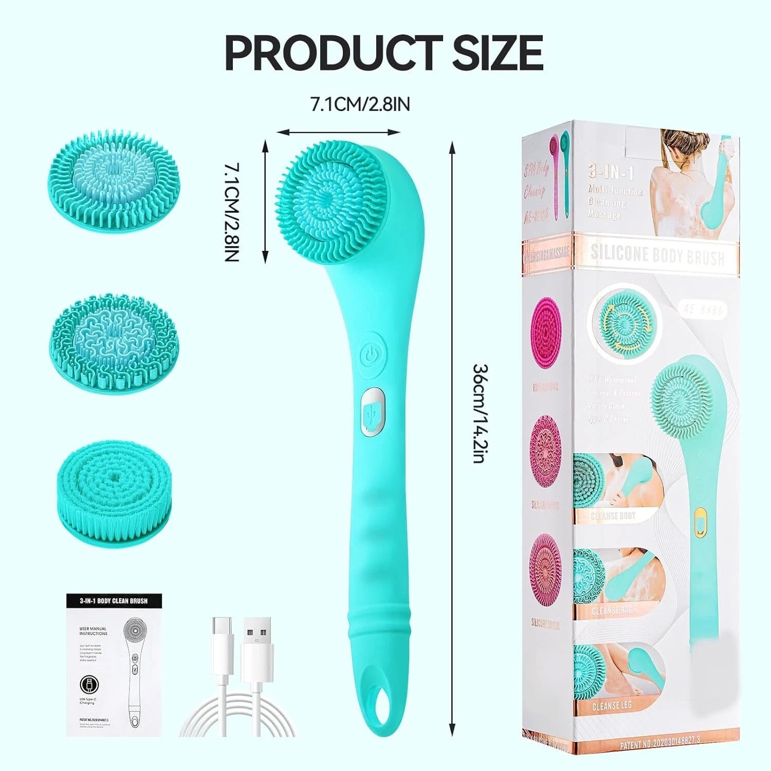 Electric Bath Brush, 3-in-1 Rechargeable Body Shower Brush with Long Handle