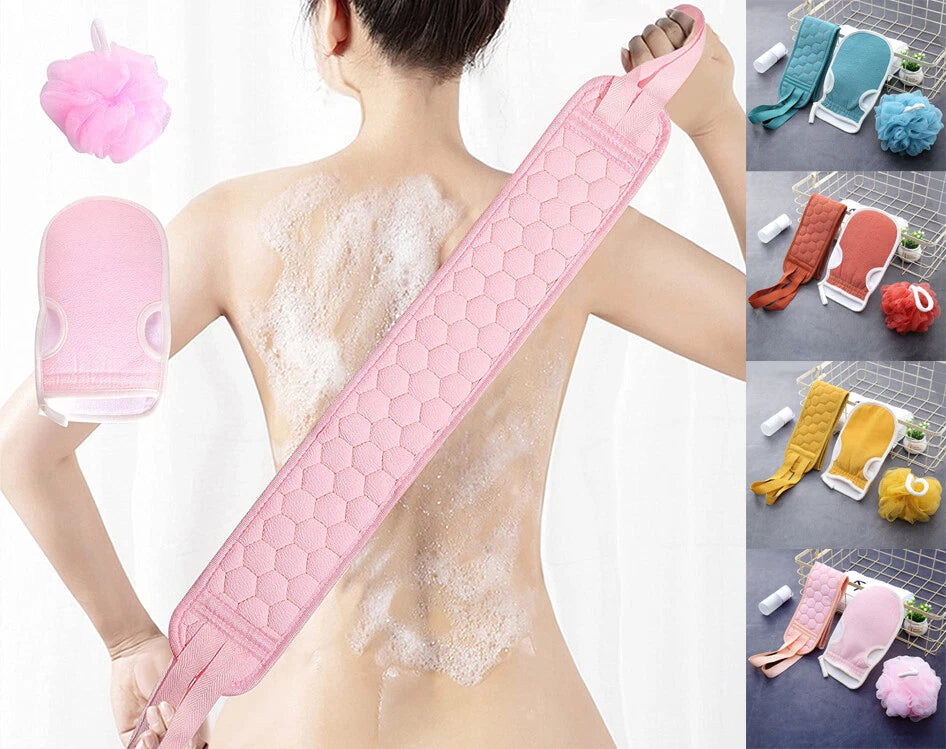Exfoliating Back Scrubber Shower Bath Body Washer Glove Mitt Sponge Brush Set