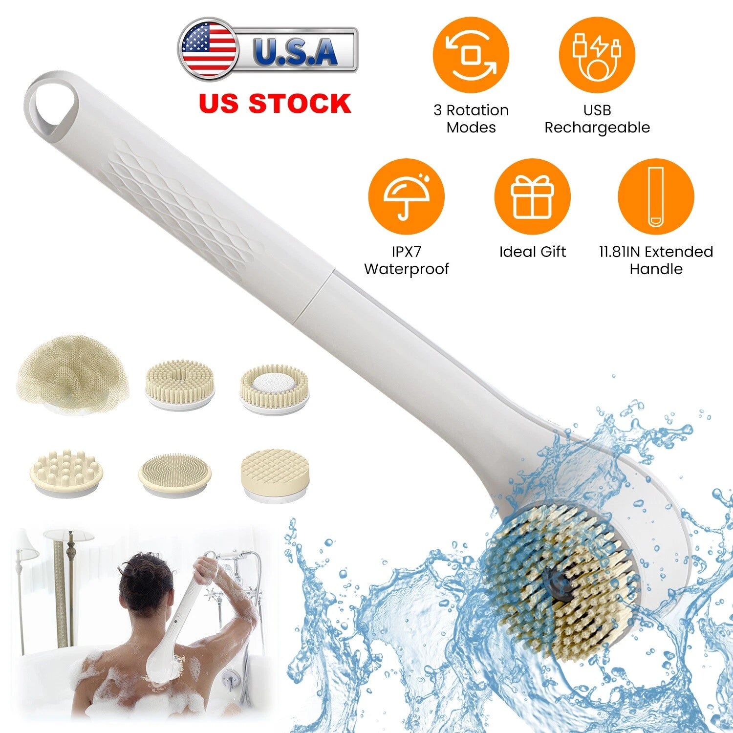 Electric Body Brush Sponge Brush Shower Back Scrubber Long Handle Waterproof