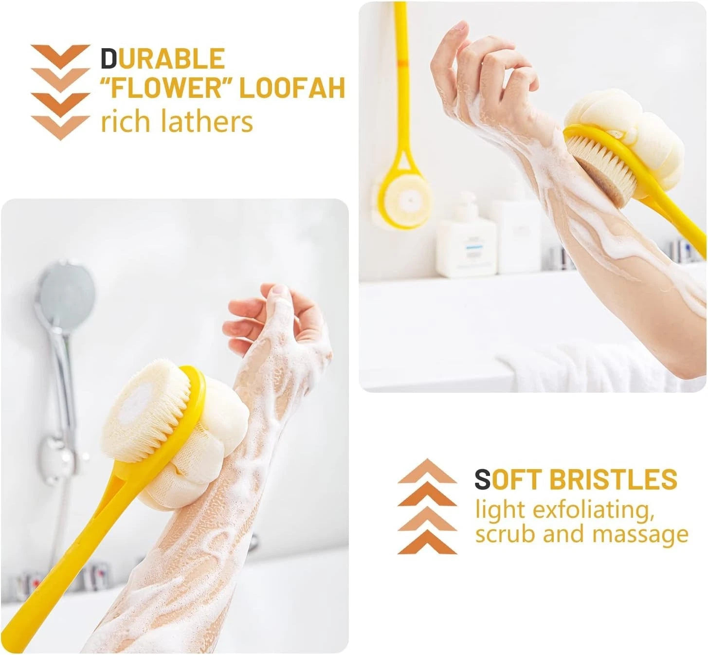 14-Inch  Shower Brush with Loofah and Soft Bristles for All Skin Types
