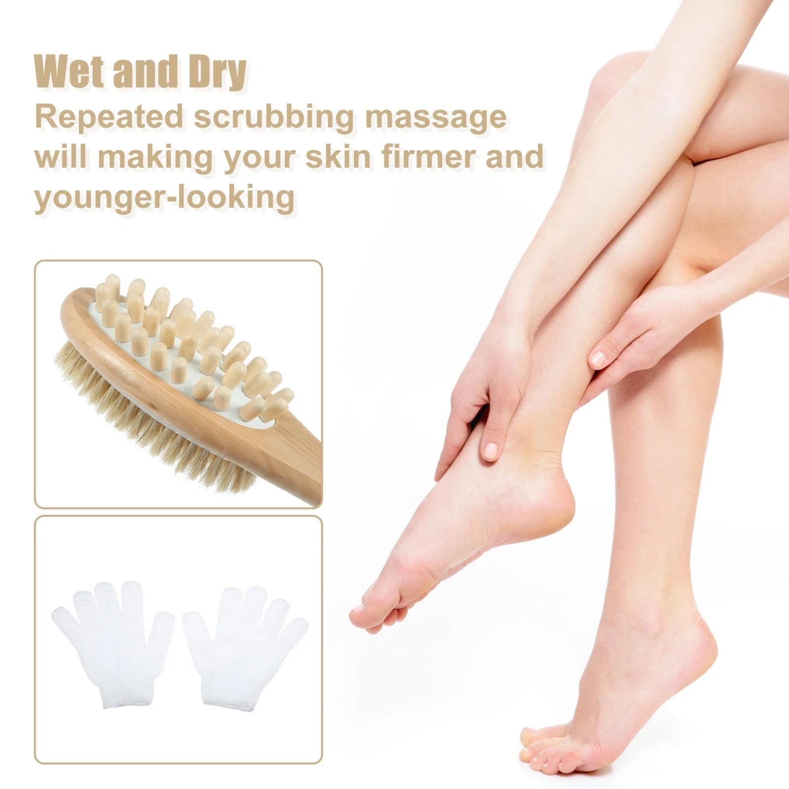 Dry Brushing Body Brush Set Dual Sided Long Handle Back Scrubber for Wet Dry