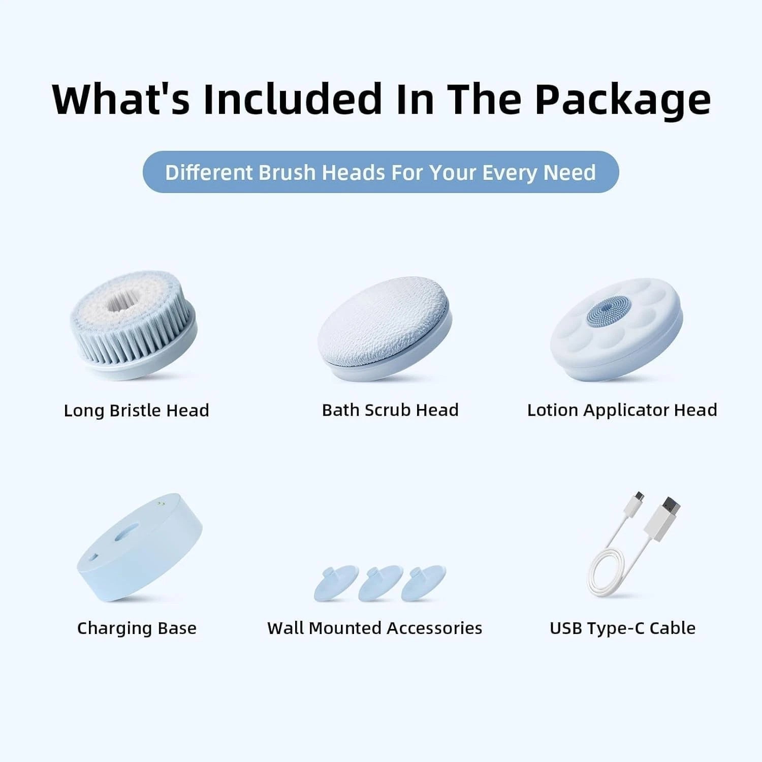 Electric Body Brush Waterproof Rechargeable Dual Handle Bath Scrubber with 3 ...