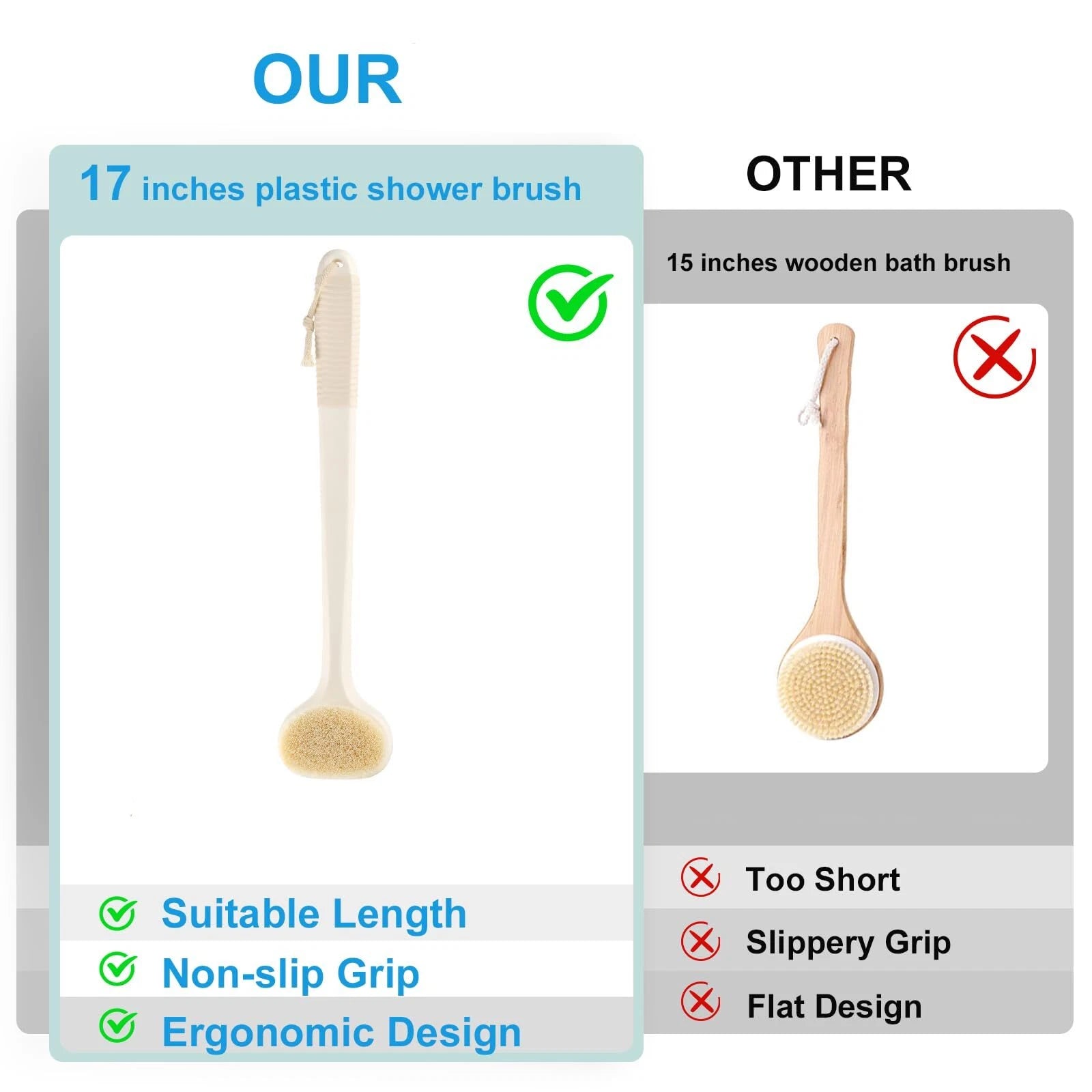 Back Scrubber for Shower Bath Brush with 17-Inch Long Anti-Slip Handle Wet an...