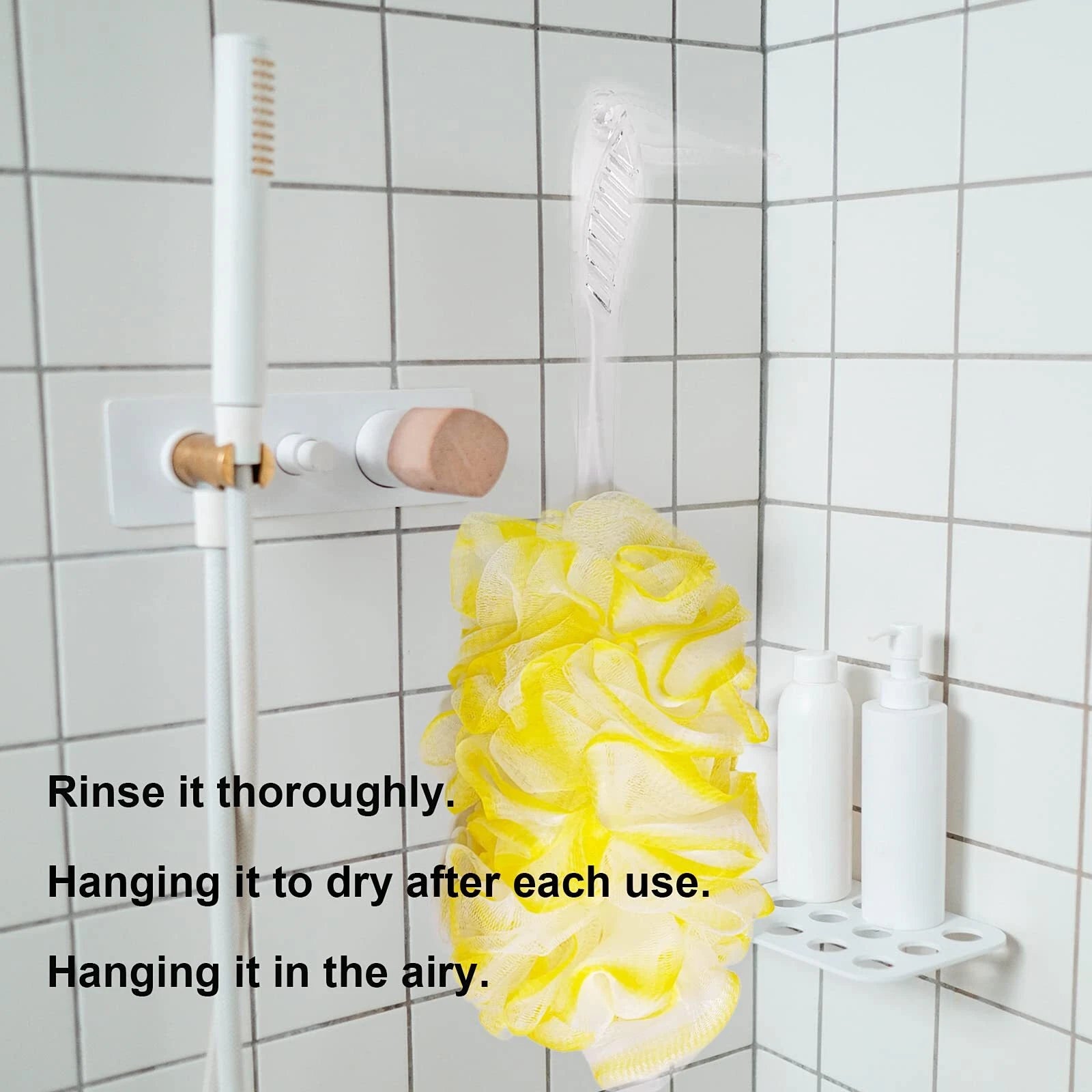 PPHAO - Back Bath Brush - Long Handle Shower Scrubber - Yellow Loofah Exfolia...