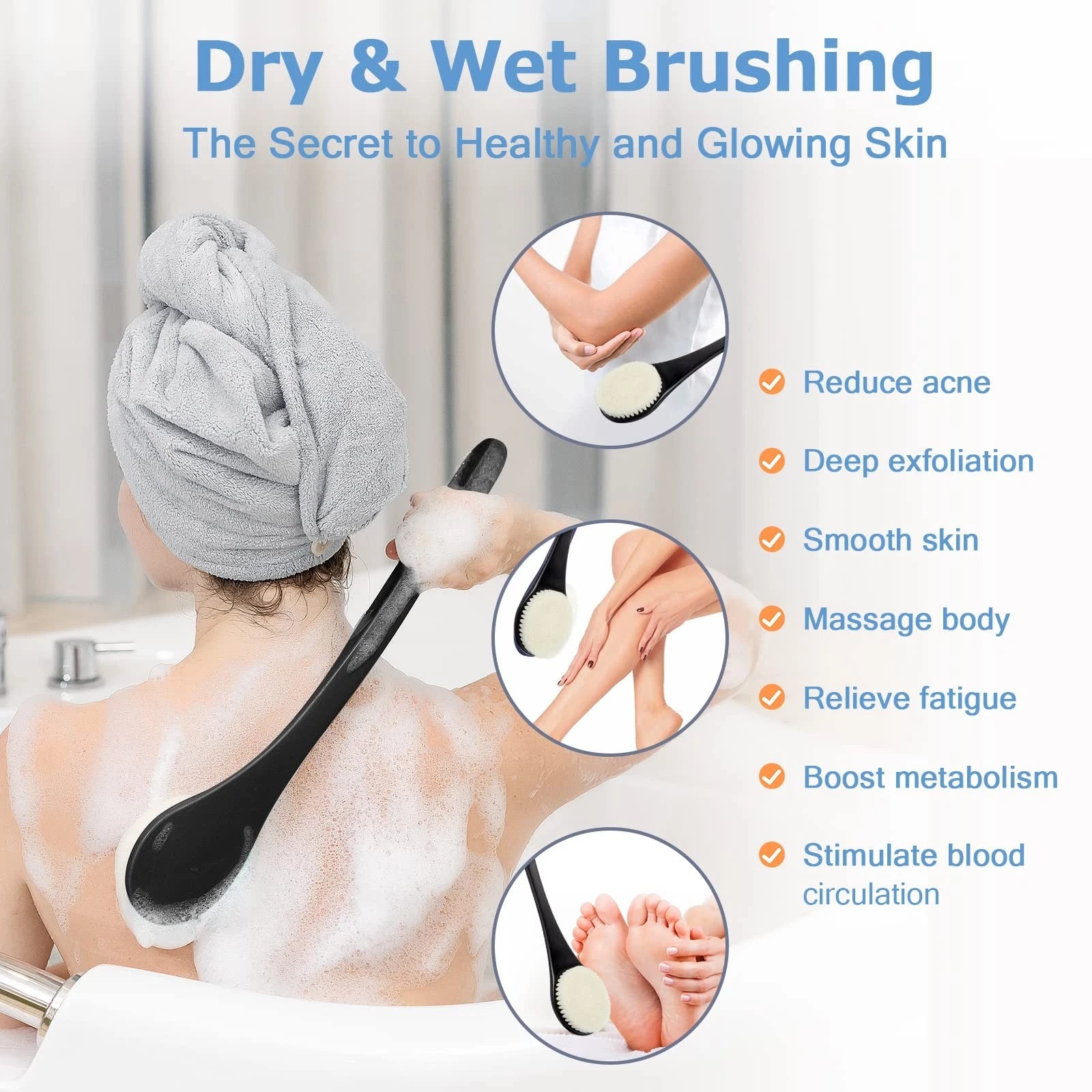 17Inch Long Handle Body Back Scrubber Shower Brush for Deep Cleaning Exfoliation