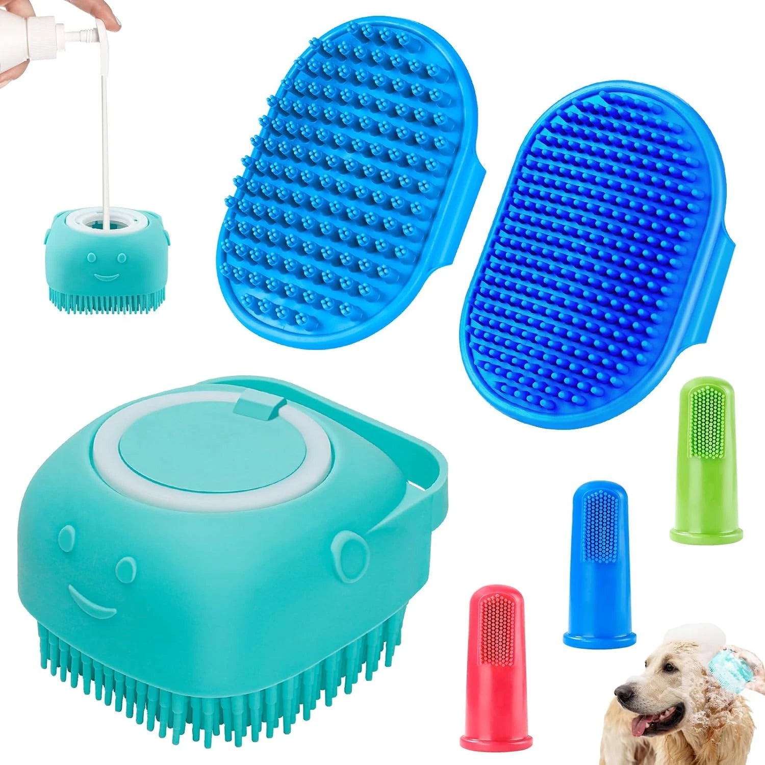 6PCS Dog Bath Brush & Dog Toothbrush | Adjustable Handle Shampoo Brush