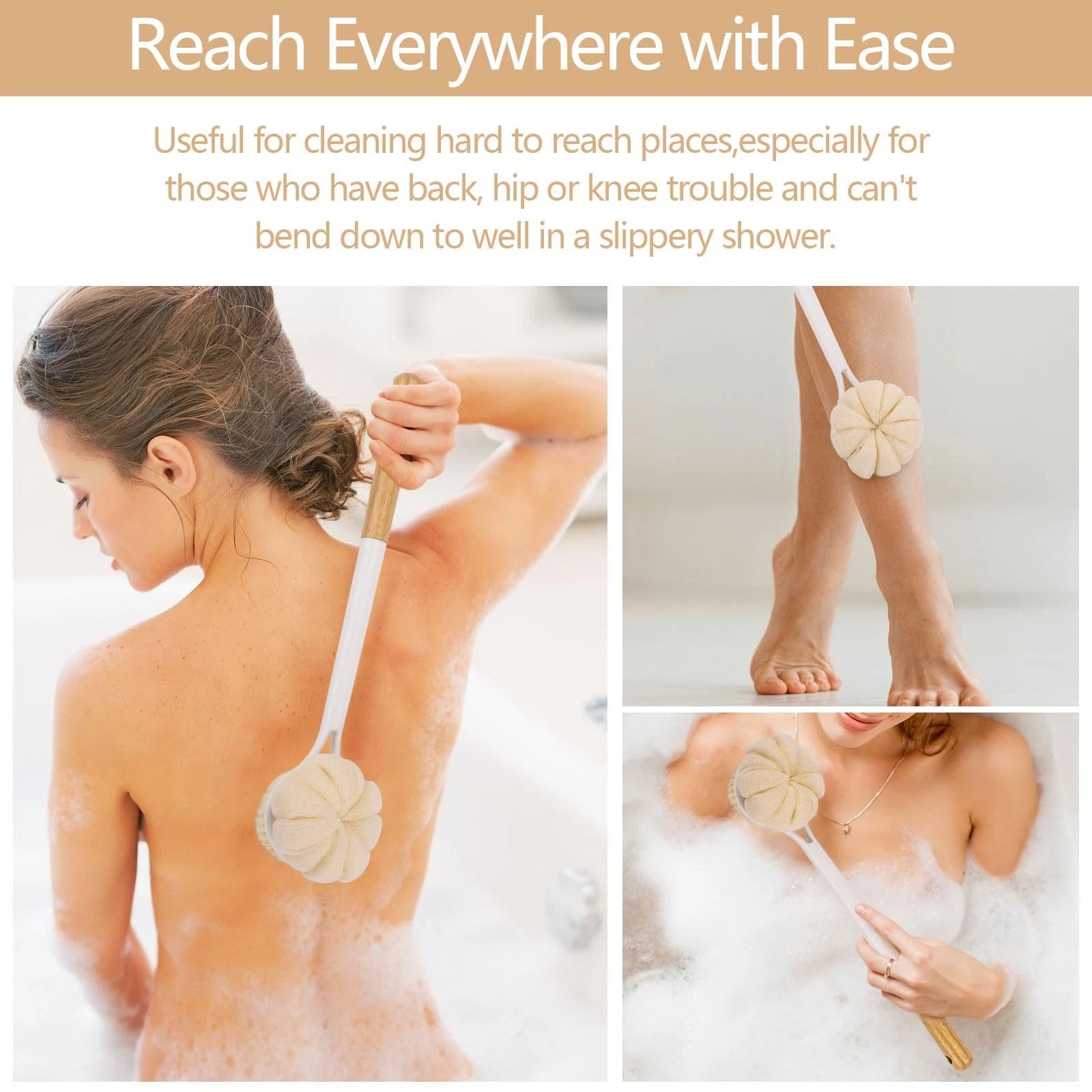 Bath Sponge Back Brush Long Handle For Shower 17 Inch Double Sided Exfoliating B