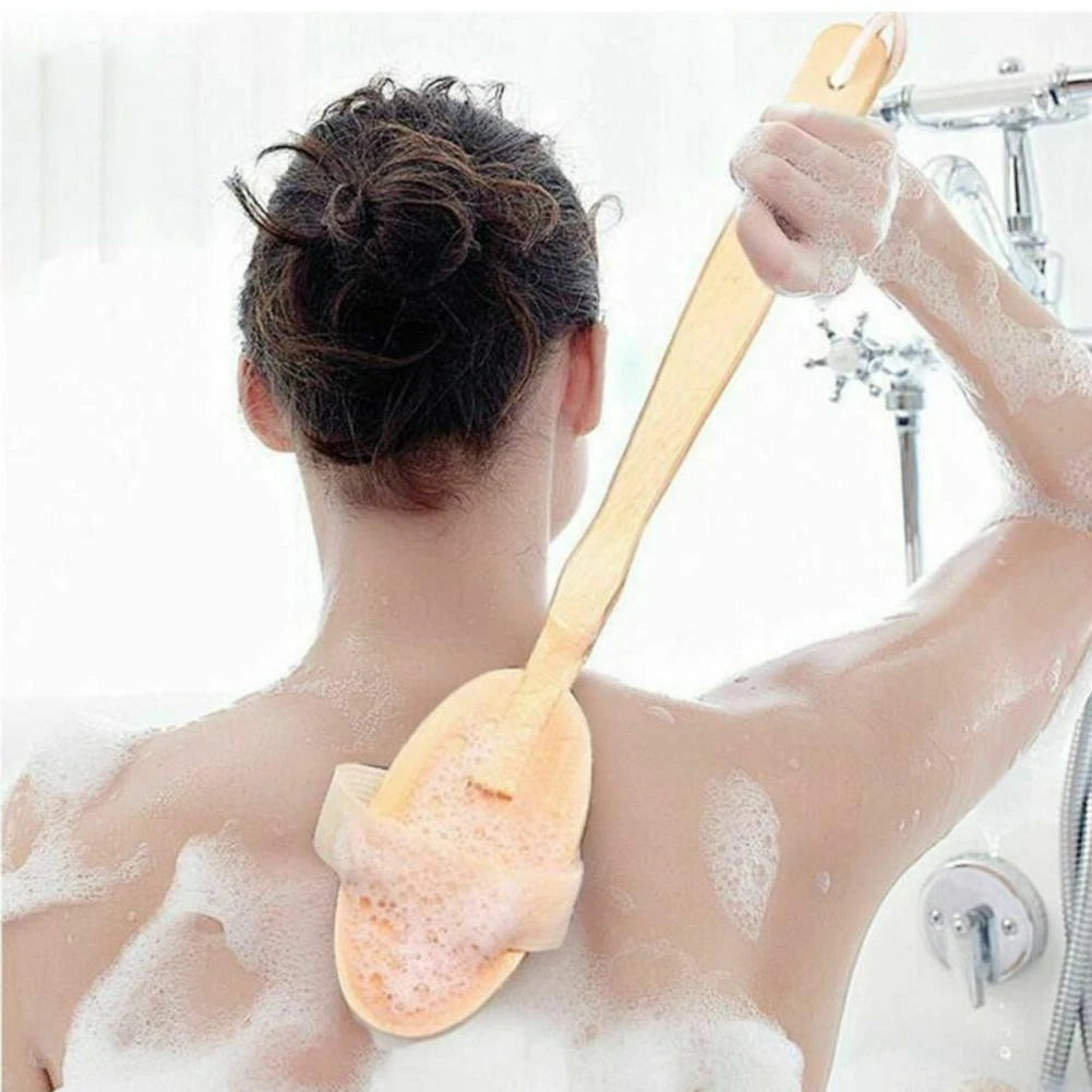 Durable Natural Long-Handled Bath Shower Body Back Dry Skin Spa Scrubber Brush C