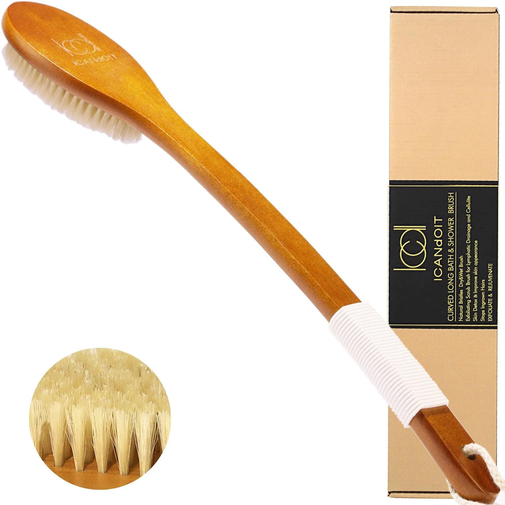 -17.71Inch Natural Boar Bristles Anti-Slip Curved Long Handle Bath Brush,Bent...