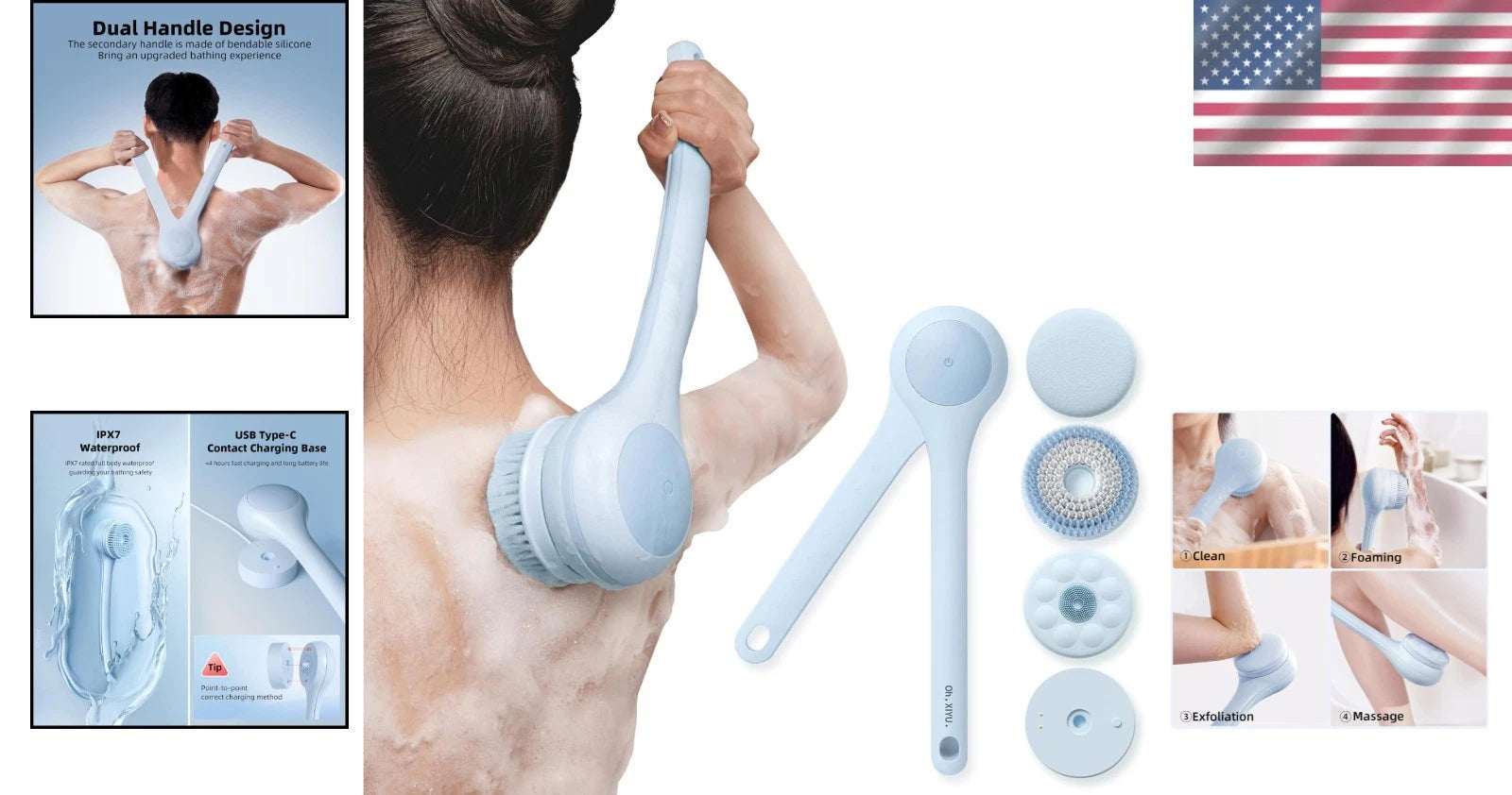Electric Body Brush Waterproof Rechargeable Dual Handle Bath Scrubber with 3 ...