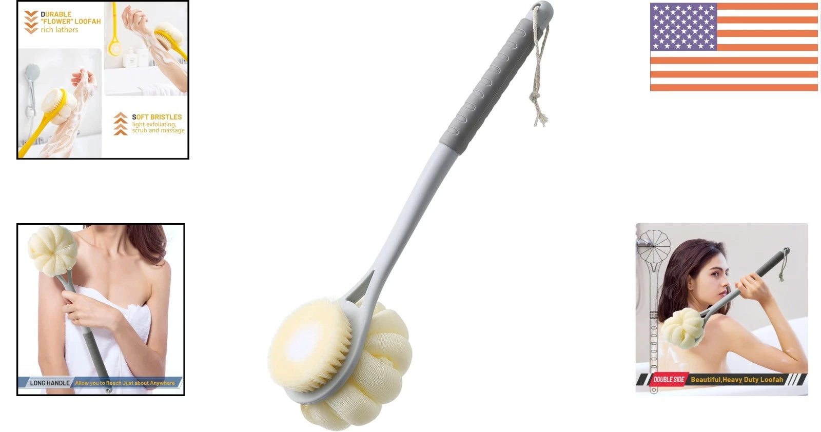 14-Inch  Shower Brush with Loofah and Soft Bristles for All Skin Types