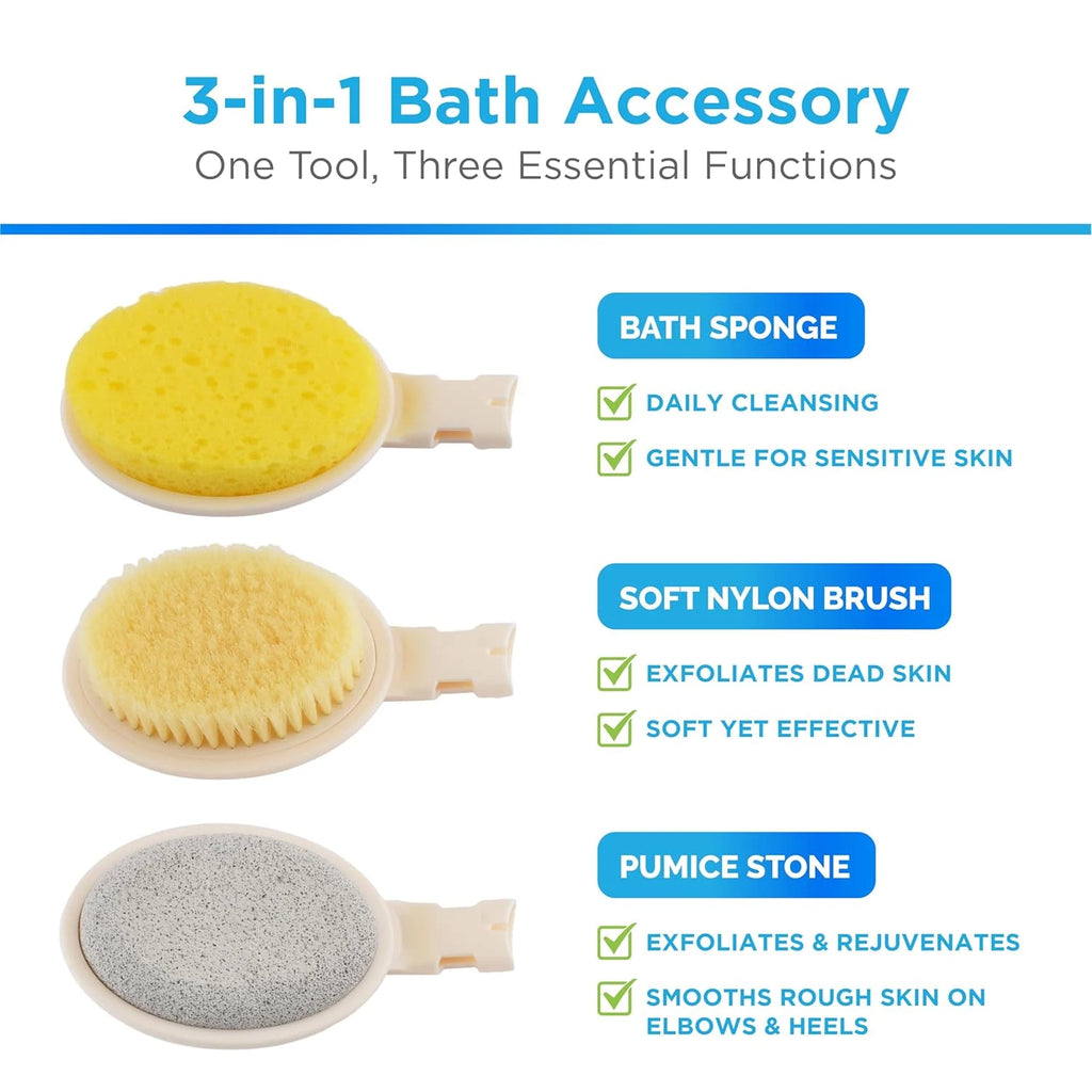 3-In-1 Long Handle Shower Brush Set – 19" Foldable Back Scrubber with Soft Brush