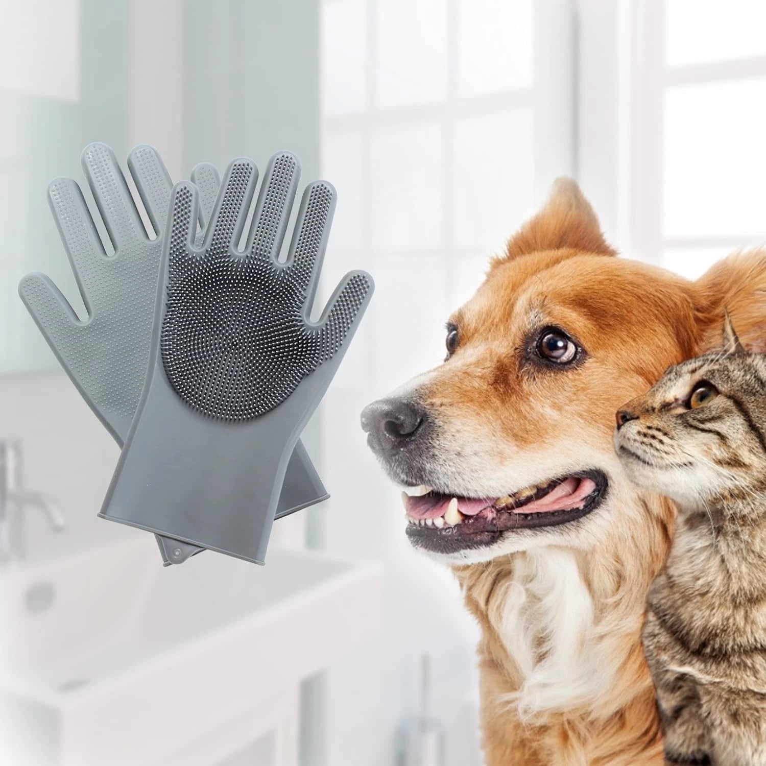 Pet Grooming Gloves - Gentle Dog Bathing Shampoo Brush - Massage Mitt with Enhan