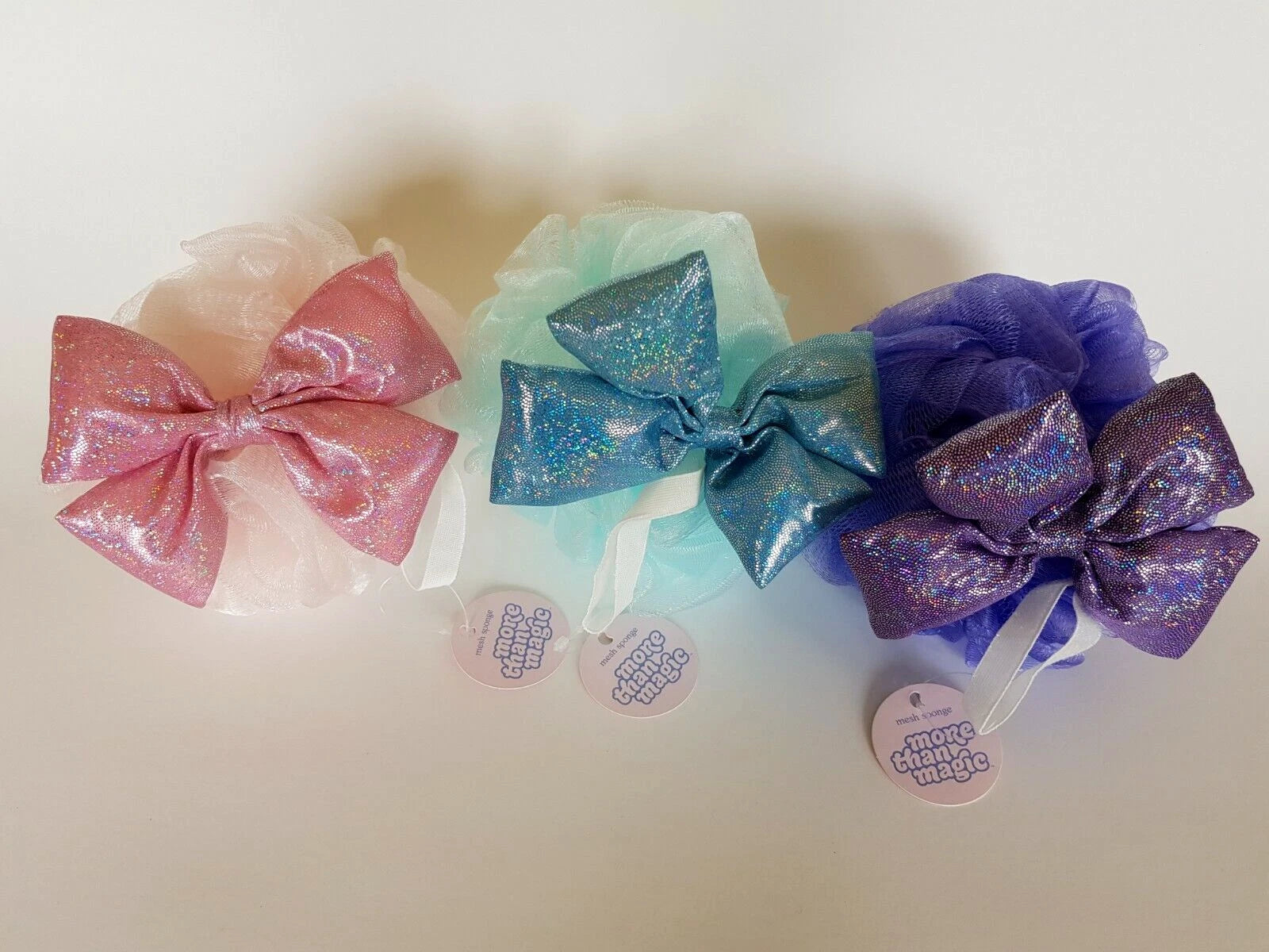Lot of 3 More Than Magic Sparkling Bow Mesh Sponge in Pink, Blue, & Purple New