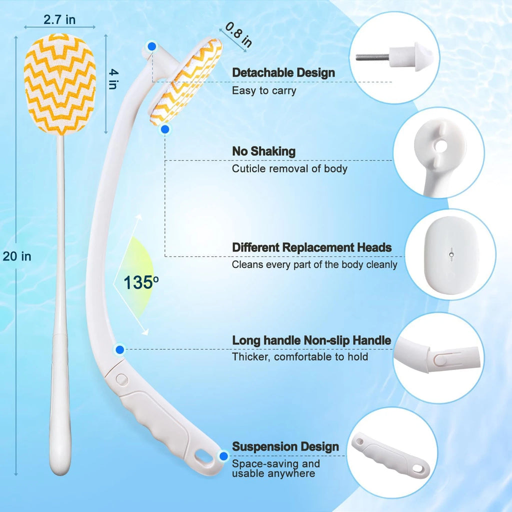 Celestite 20” Long Handle Shower Brush for Body, Back Scrubber for Shower with 3