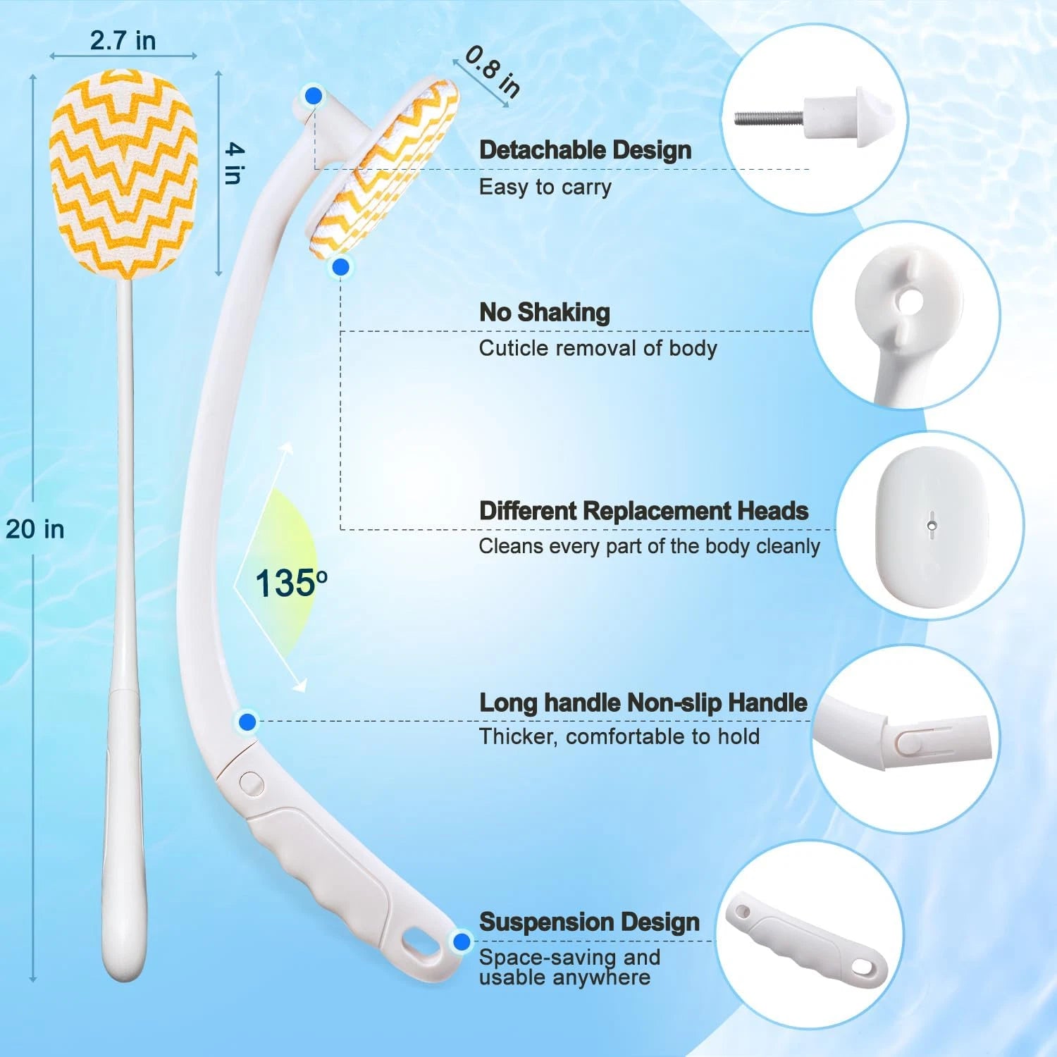 Celestite 20” Long Handle Shower Brush for Body, Back Scrubber for Shower with 3