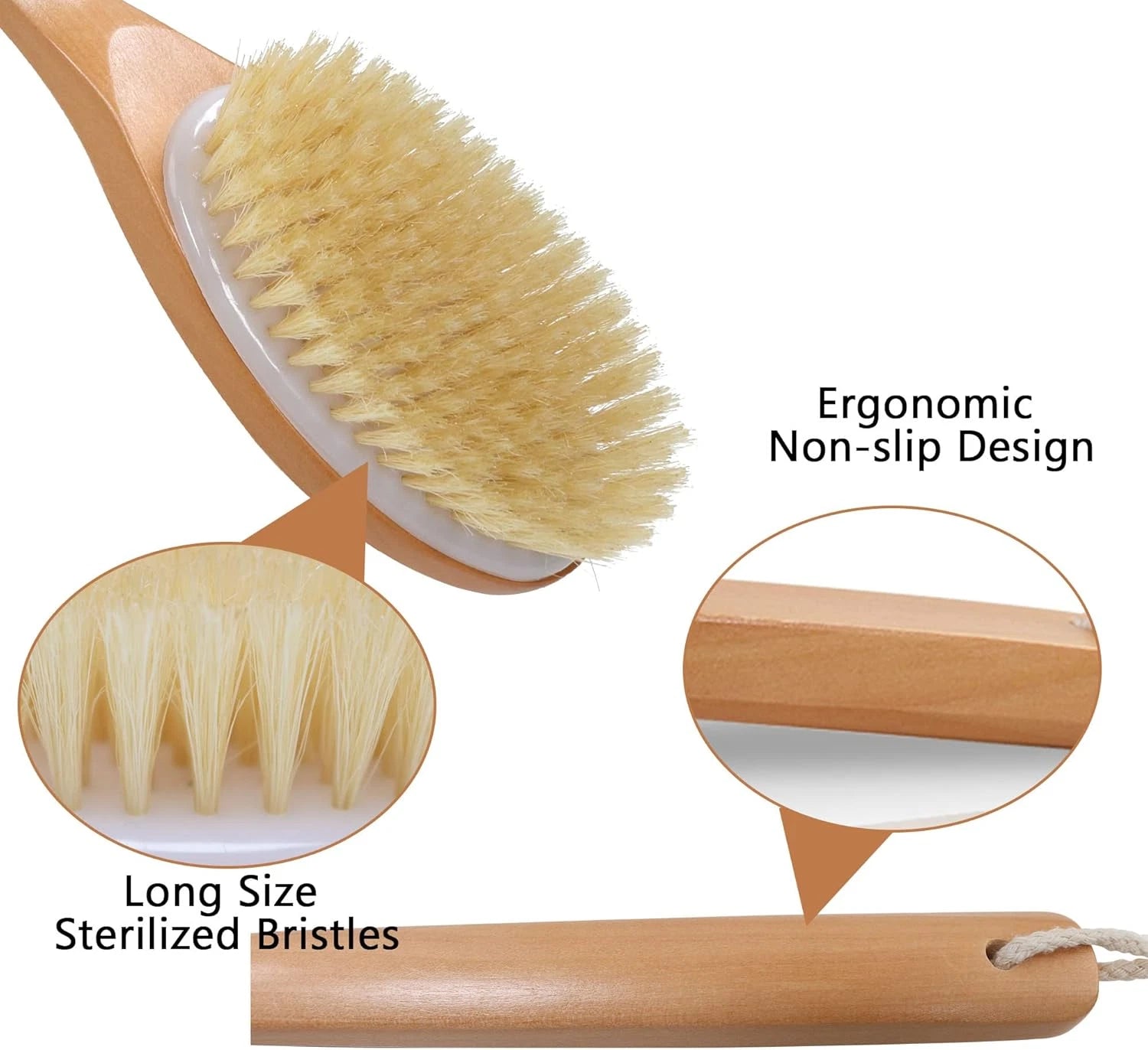 Bath Brushes with Soft and Natural Bristles Antiskid Wooden Long Handle Showe...