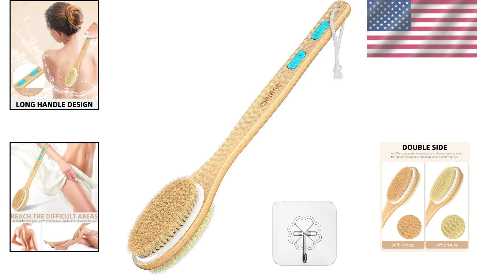 Light Blue Back Scrubber - Soft and Stiff Dual-Sided Brush for All Skin Types