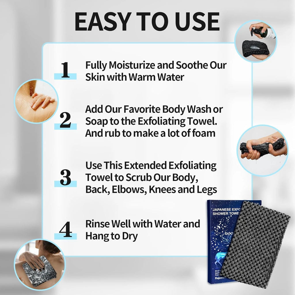 Exfoliating Washcloth Shower Towels, Premium Japanese Exfoliating Body Scrubber,