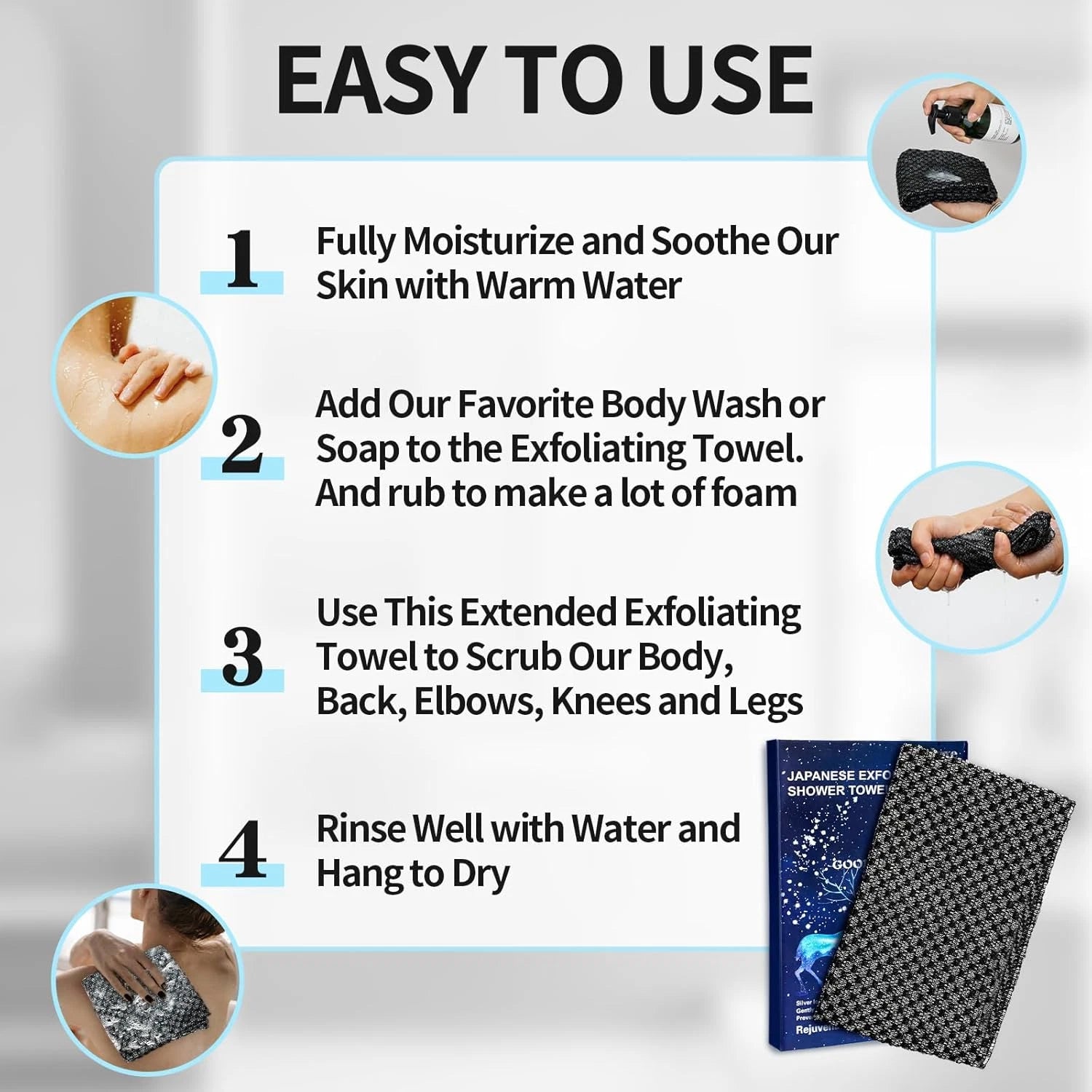 Exfoliating Washcloth Shower Towels, Premium Japanese Exfoliating Body Scrubber,